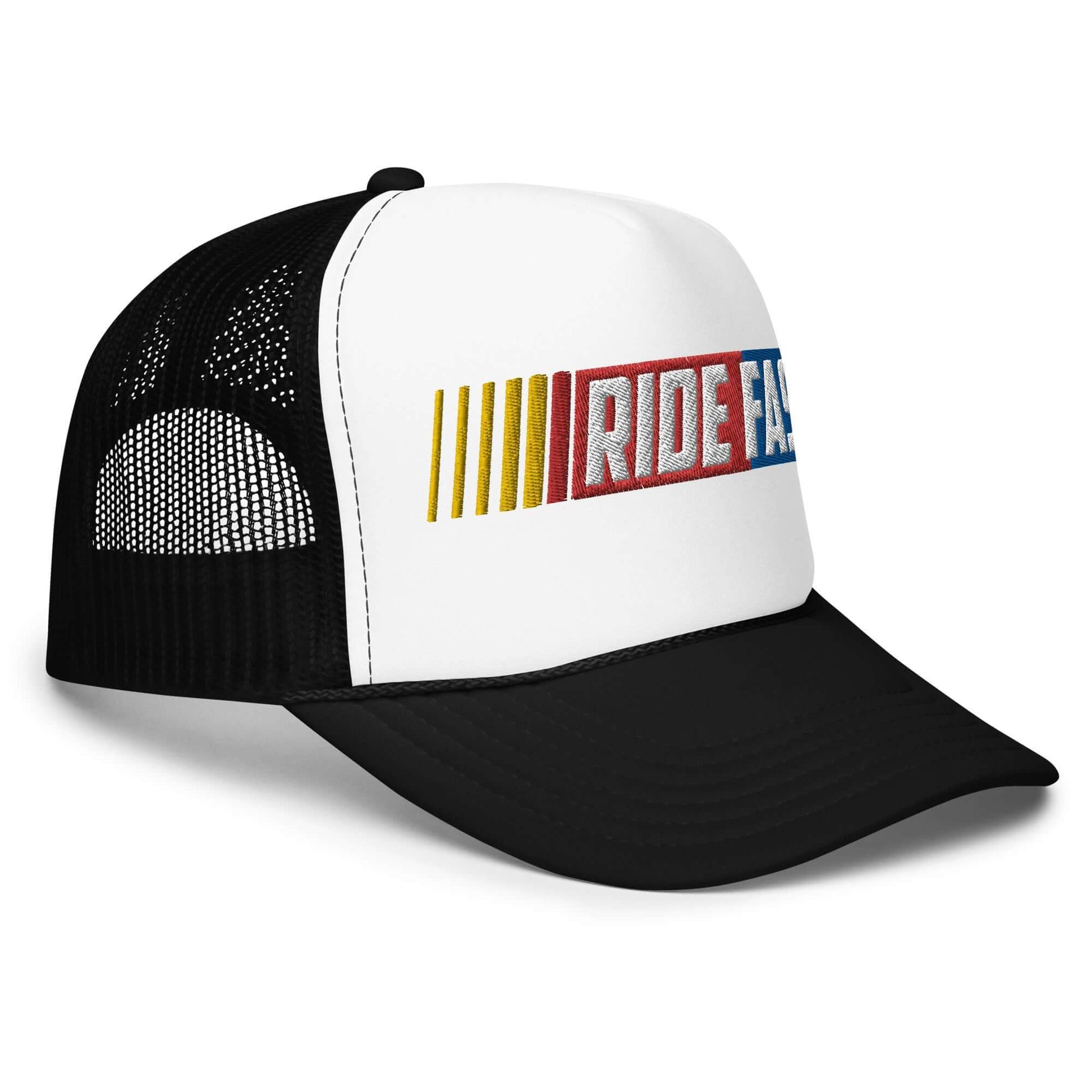 Trendy foam trucker hat with "Ride Fast" design, featuring a breathable mesh back and adjustable snap for a comfortable fit.
