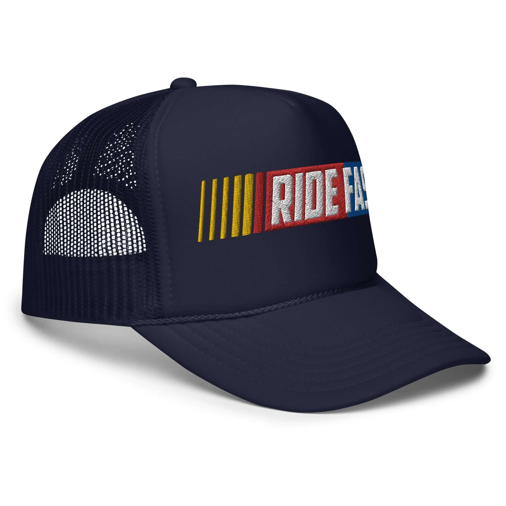 Black foam trucker hat with "Ride Fast" embroidery and mesh back for breathability, featuring an adjustable snap for comfort.
