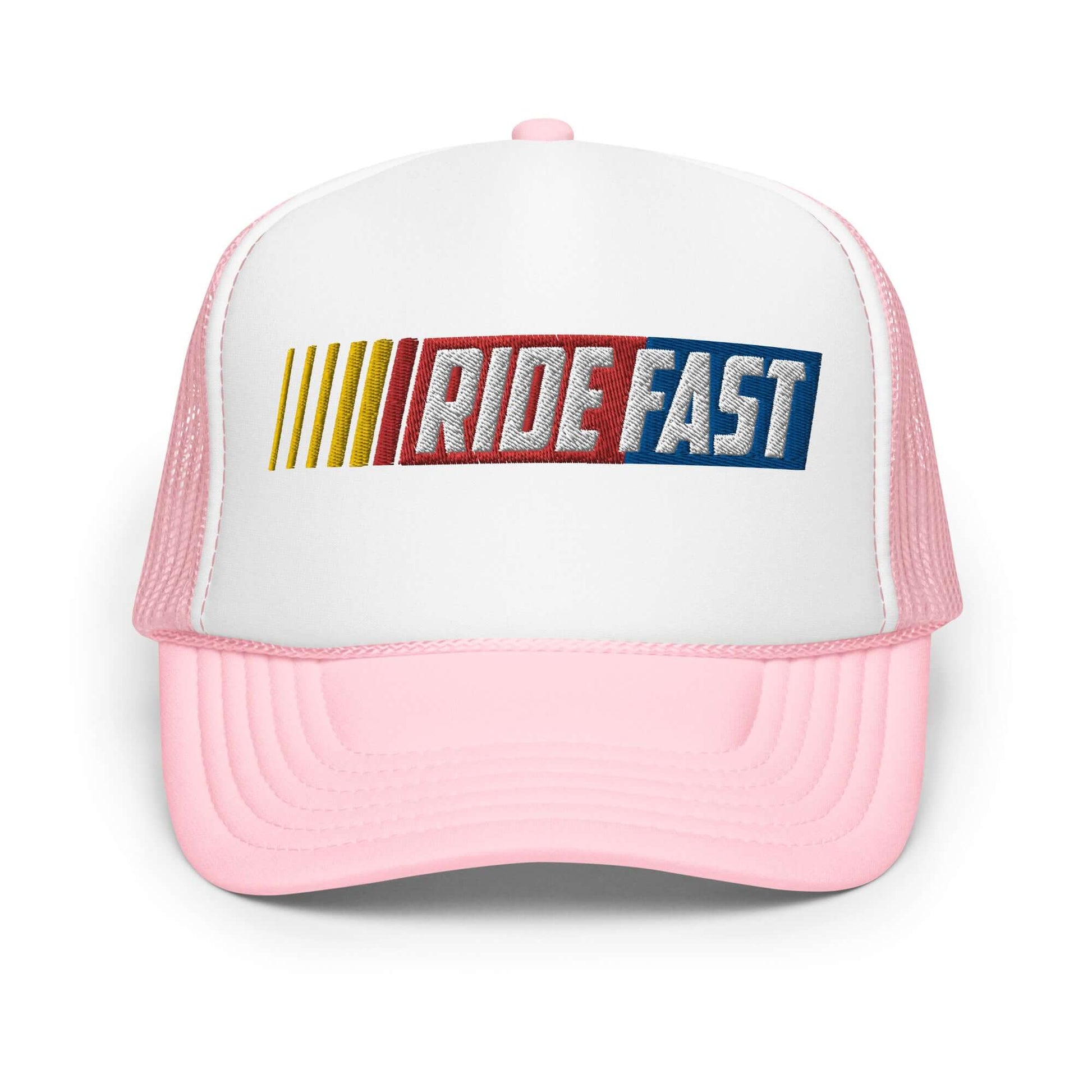Pink foam trucker hat with "Ride Fast" design on the front panel, featuring adjustable snap and breathable mesh back.