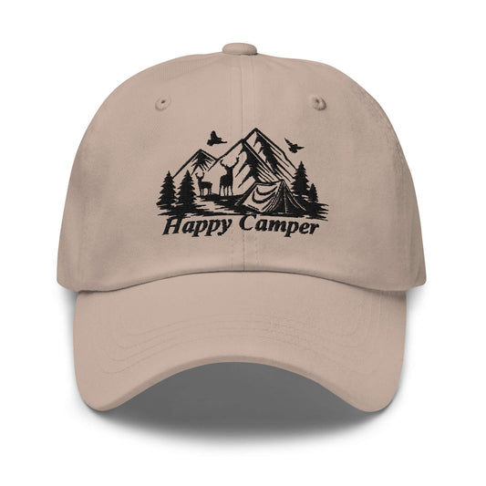 Beige Happy Camper Low Profile Cap with nature design, trees, and mountains, ideal for outdoor enthusiasts and camping trips.
