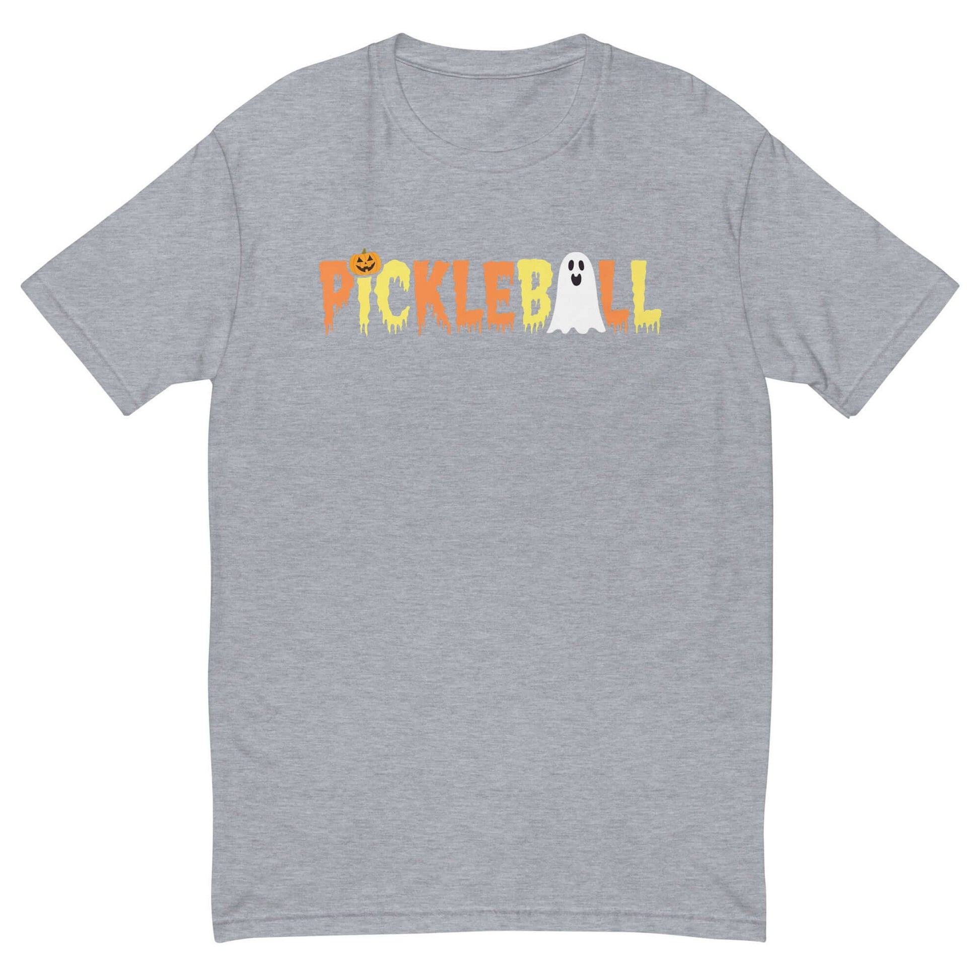 Halloween pickleball T-shirt with ghostly letters, jack-o-lantern, and ghost design on gray fabric.