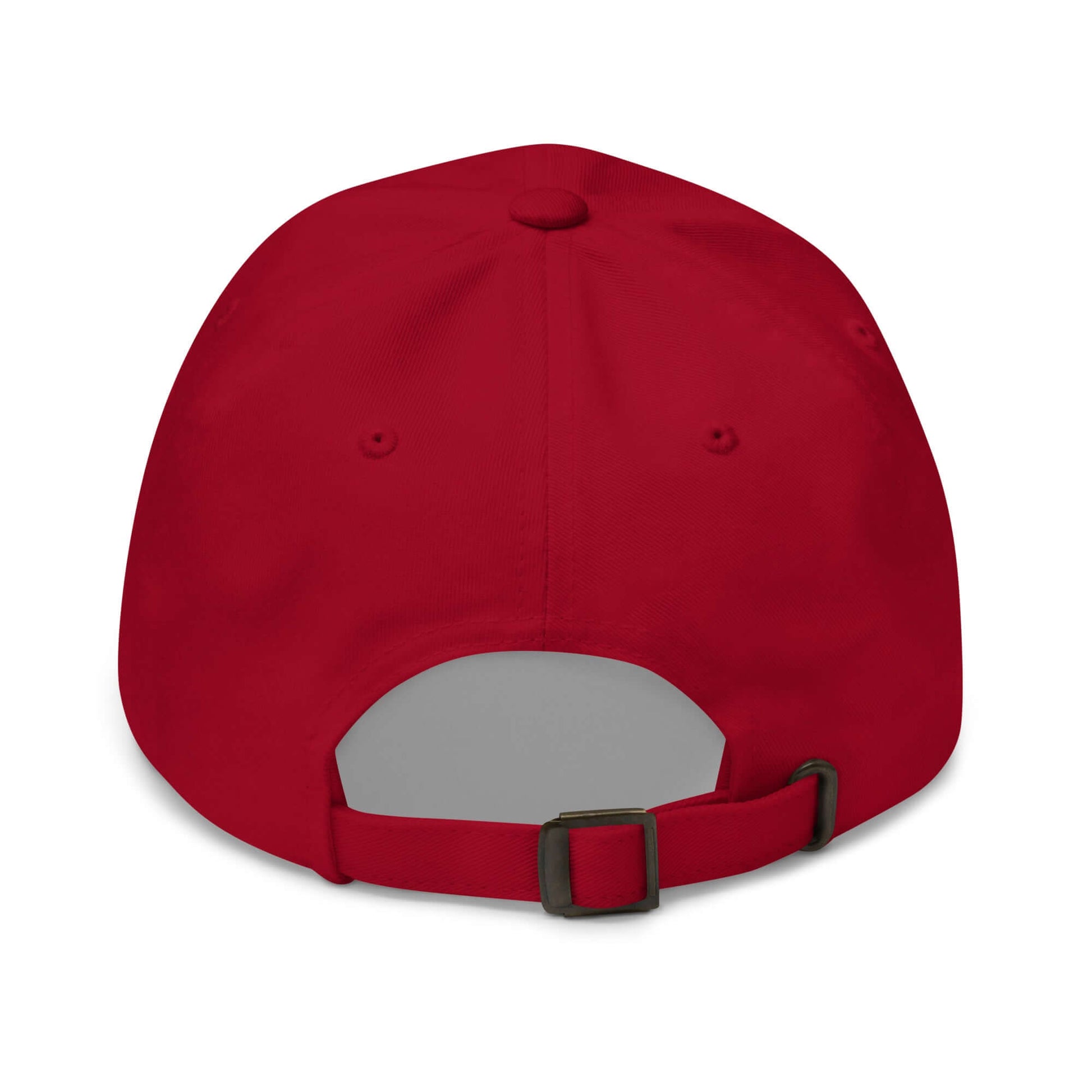 Red dad hat with adjustable strap, made from 100% chino cotton twill, offering comfort and a secure fit.