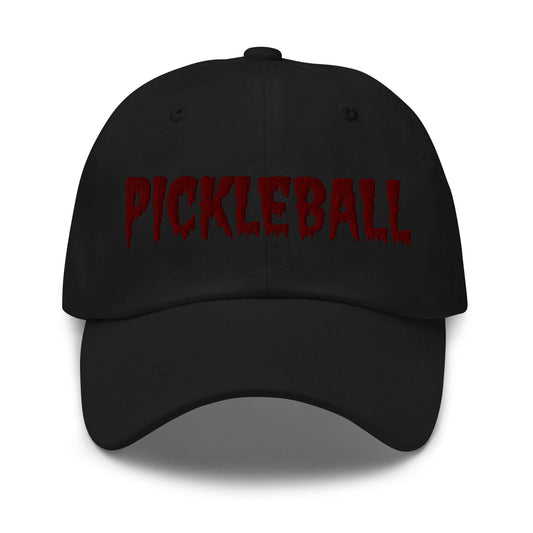 Haunted Pickleball Spirit Hat with maroon spooky font on black baseball cap.