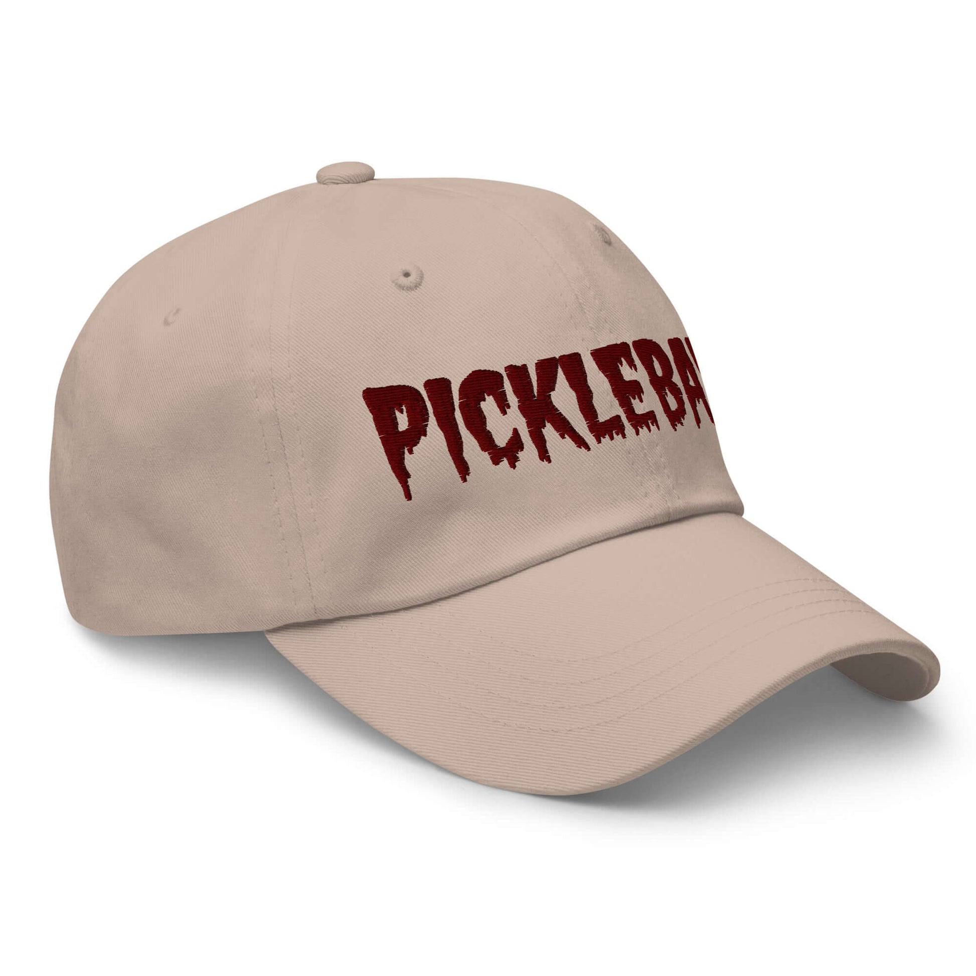 Haunted Pickleball Spirit Hat with maroon spooky embroidery on beige chino cotton twill, perfect for stylish play on the court.