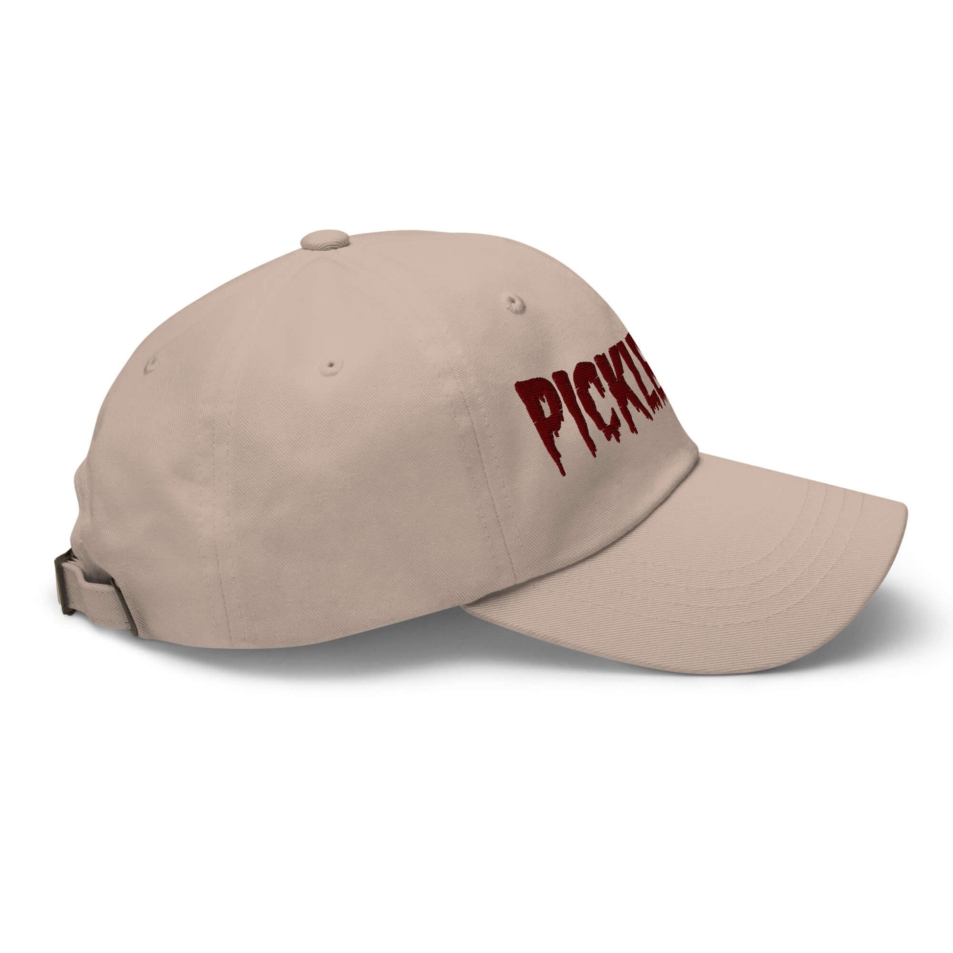Haunted Pickleball Spirit Hat with eerie maroon embroidery, side view, made from 100% chino cotton twill for comfort and style.