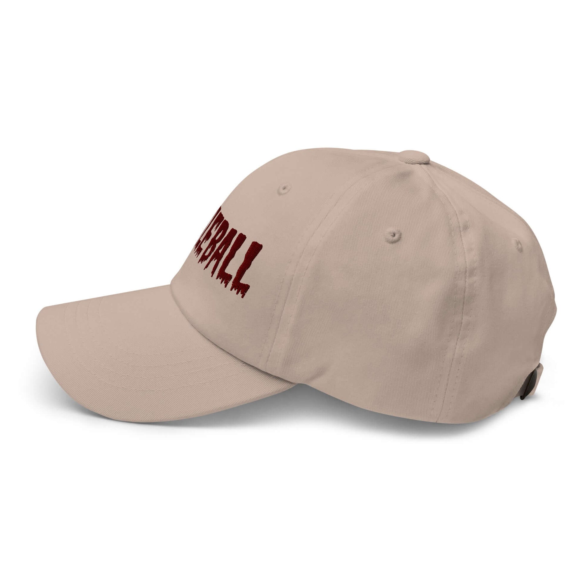 Haunted Pickleball Spirit Hat with maroon font on chino cotton twill, eerie dad/baseball cap for stylish pickleball enthusiasts.