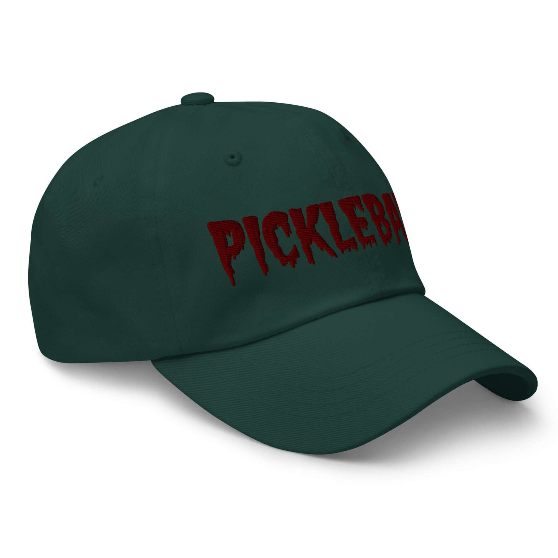 Haunted Pickleball Spirit Hat with eerie maroon embroidered font on dark green cotton twill for spooky style on the court.