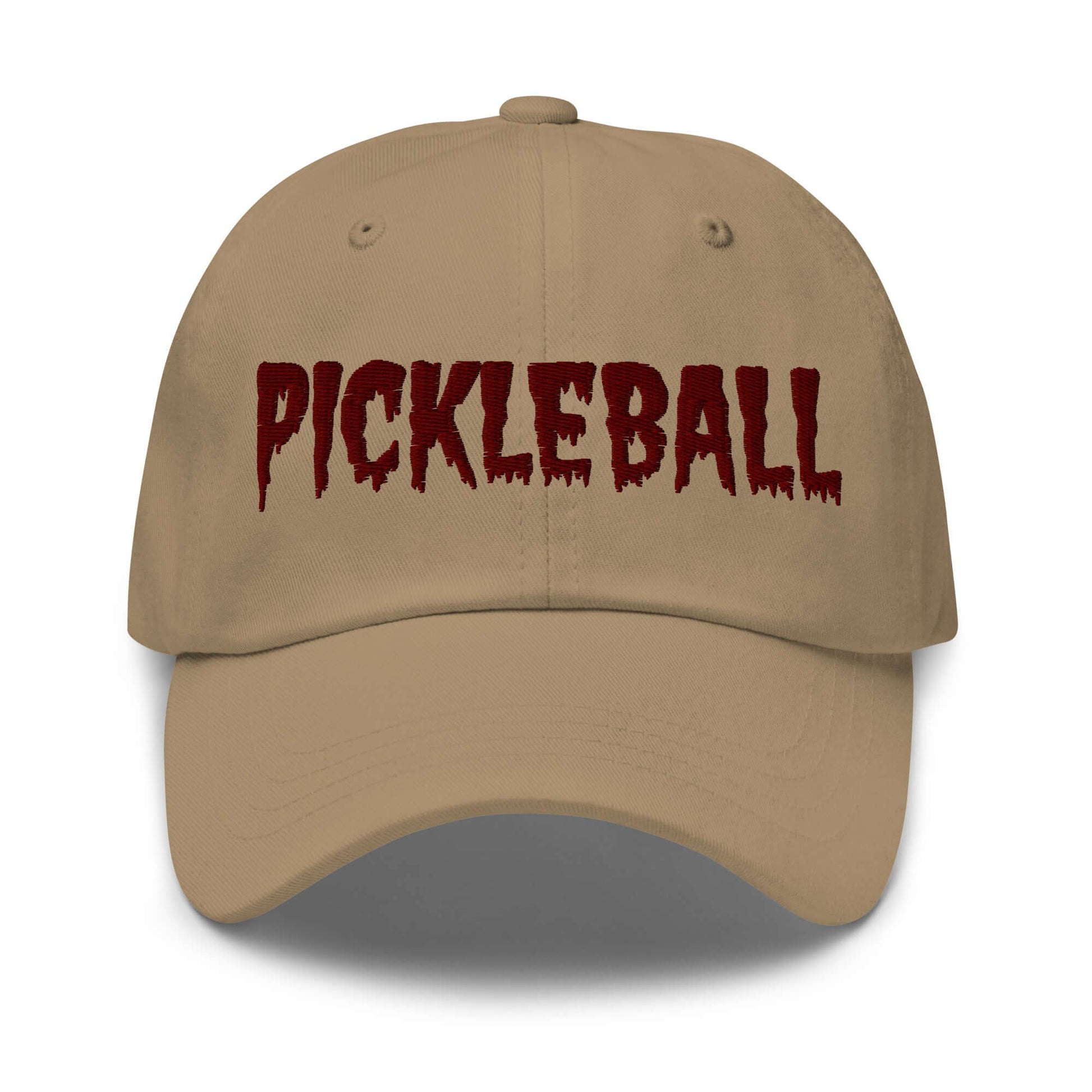 Haunted Pickleball Spirit Hat with maroon embroidered text on a chino cotton twill baseball cap.