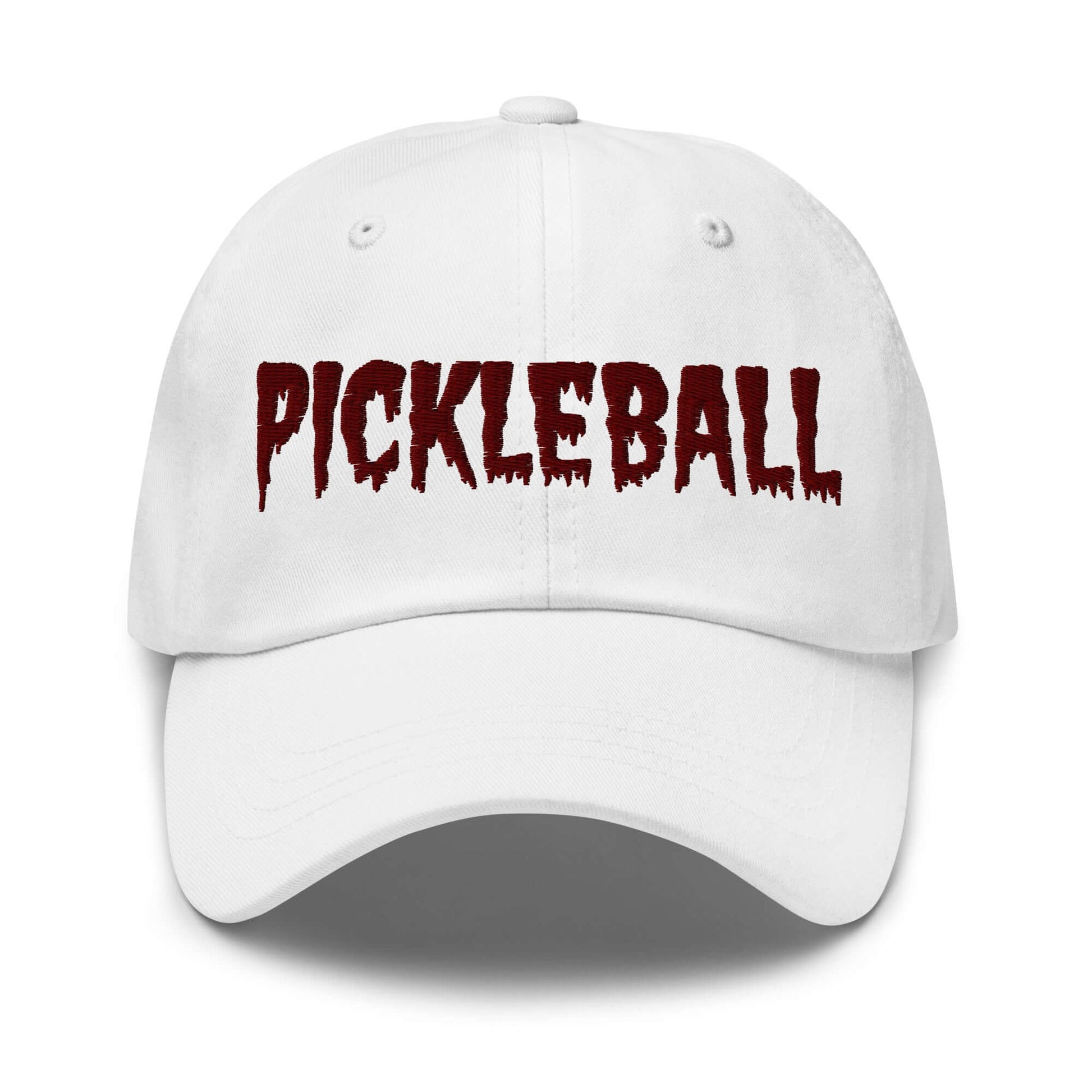White cotton pickleball hat with maroon eerie font, perfect for spooky style on the court.