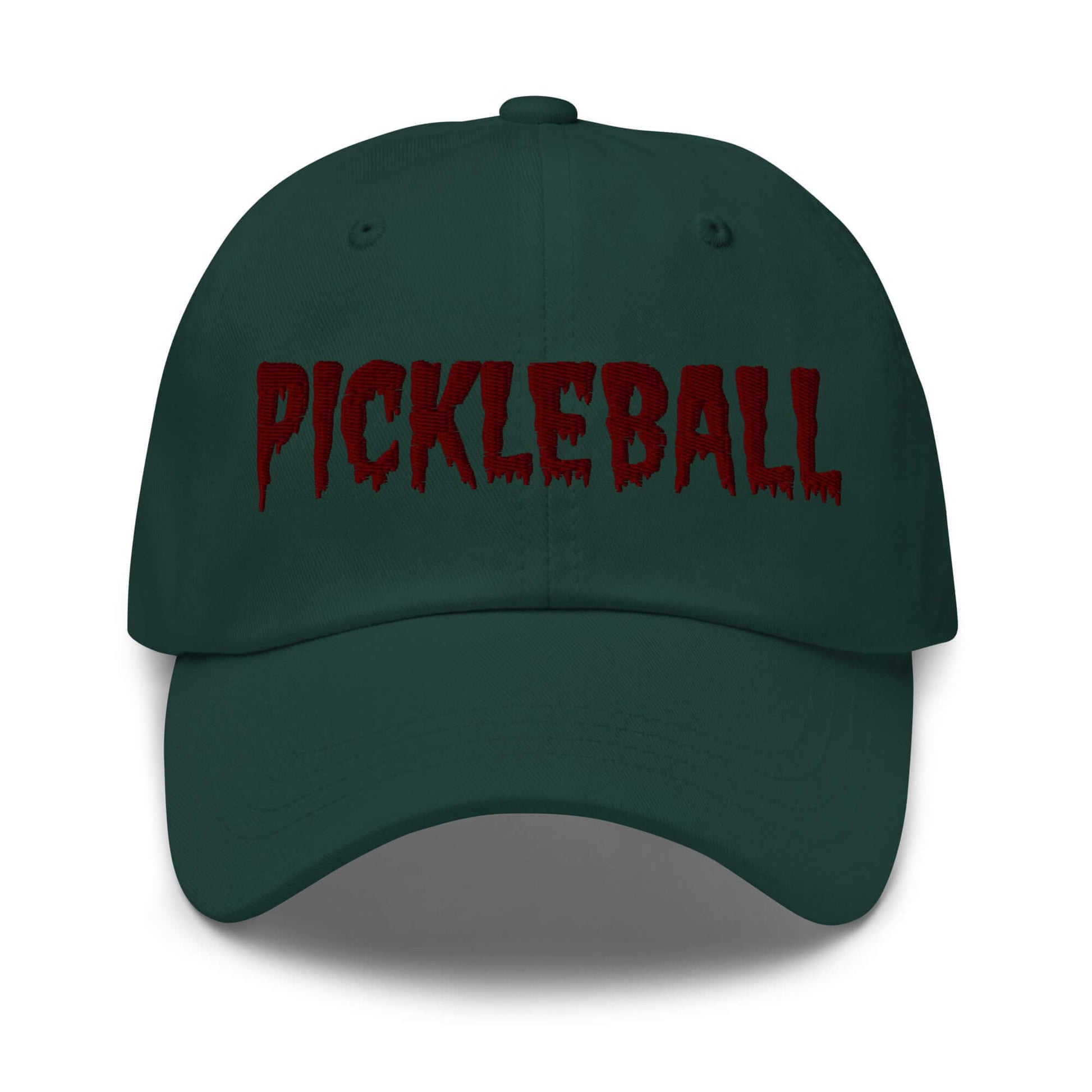 Haunted Pickleball Spirit Hat with maroon embroidery on dark green cotton twill, eerie style for the court.