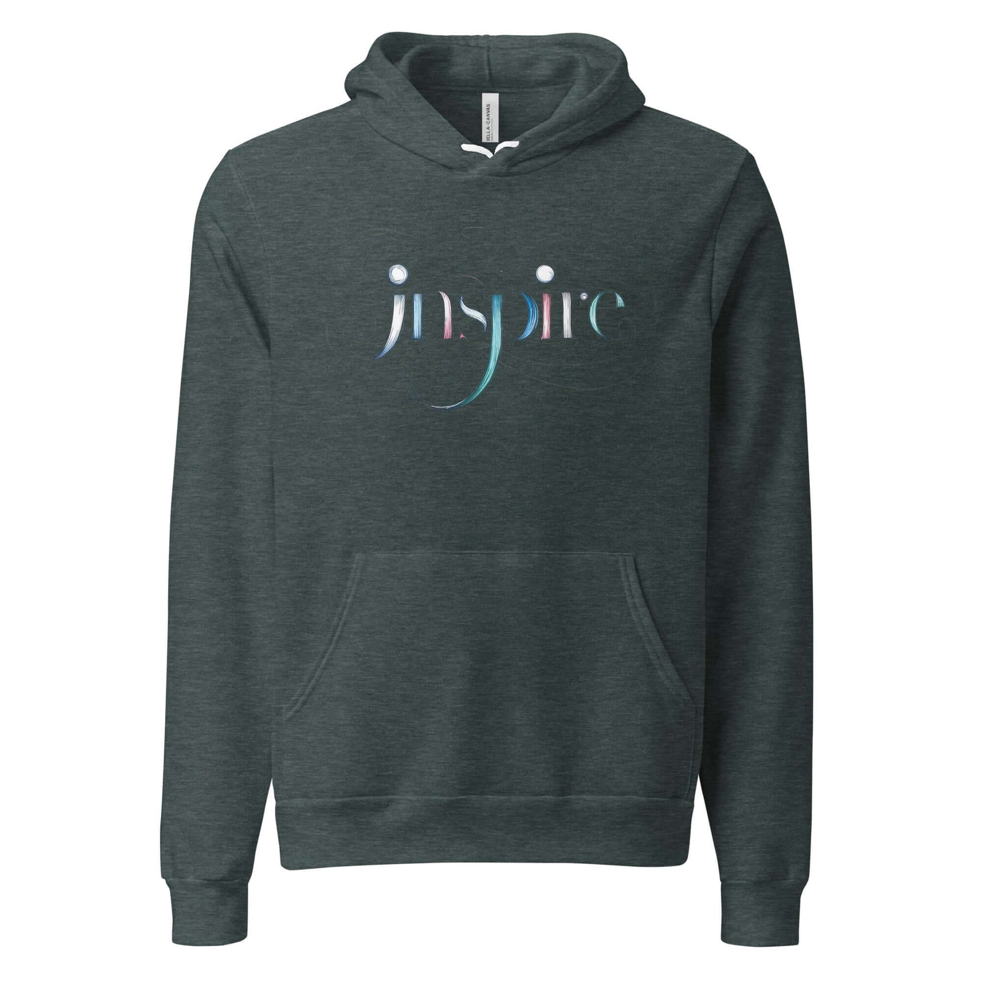 Inspire Sketch Women's Hoodie featuring elegant word art design in flowing letters on a dark green background.