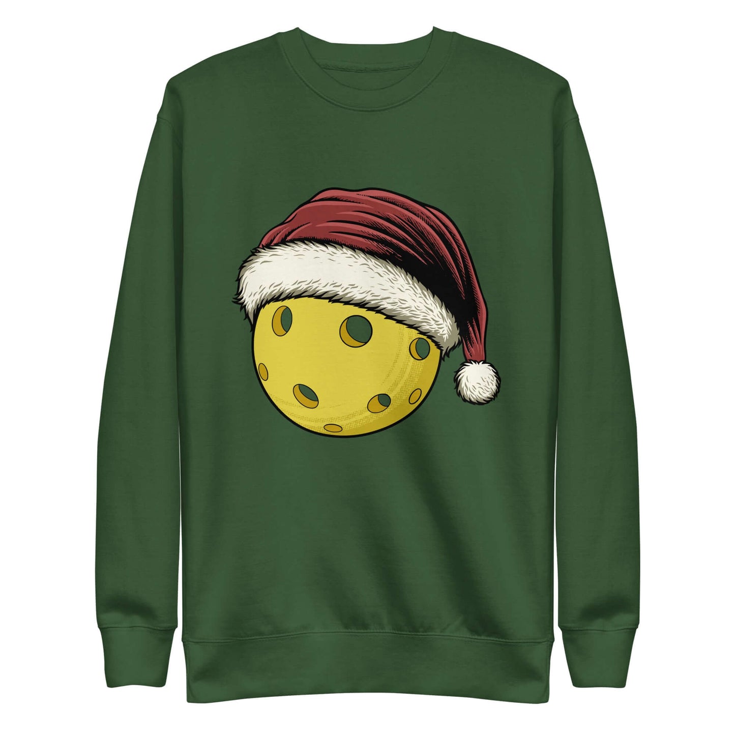 Green sweatshirt with jolly pickleball wearing a Santa hat, perfect for festive pickleball enthusiasts looking for cozy holiday fun.
