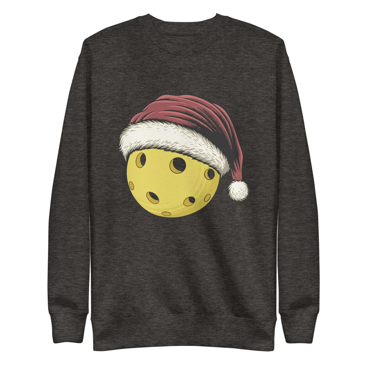 Pickleball Santa Sweatshirt featuring a yellow pickleball with Santa hat, perfect for festive fun and cozy holiday comfort.