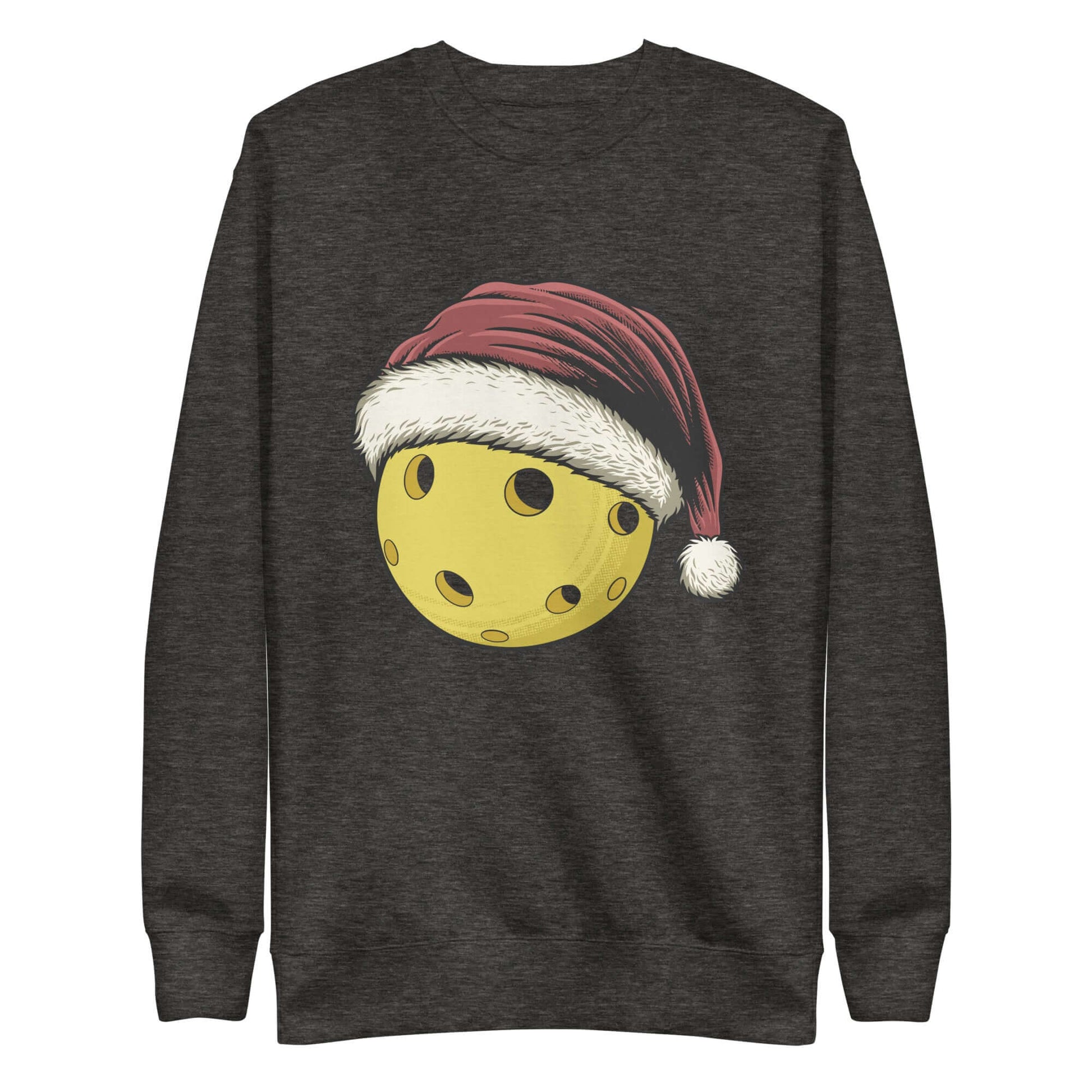Pickleball Santa Sweatshirt featuring a yellow pickleball with Santa hat, perfect for festive fun and cozy holiday comfort.