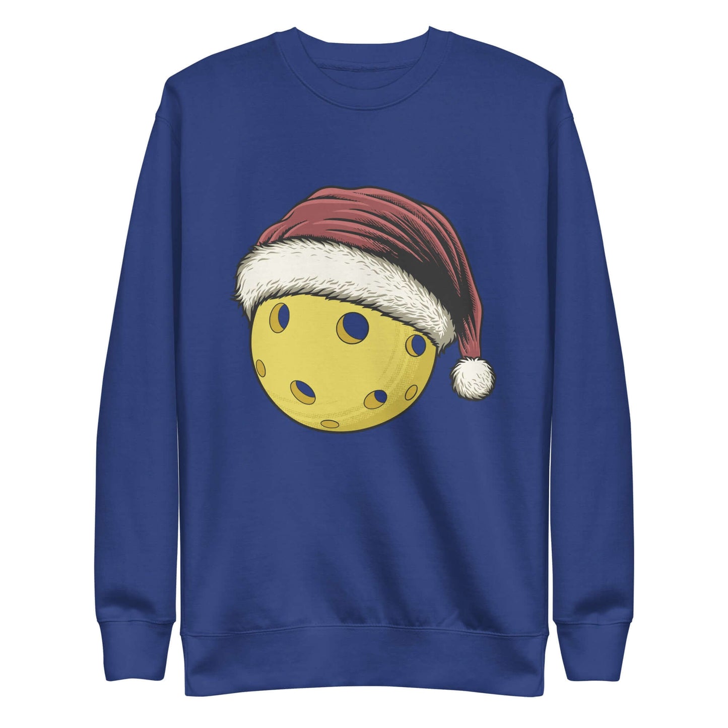 Blue sweatshirt featuring a yellow pickleball wearing a Santa hat, perfect for festive fun and cozy comfort during the holiday season.