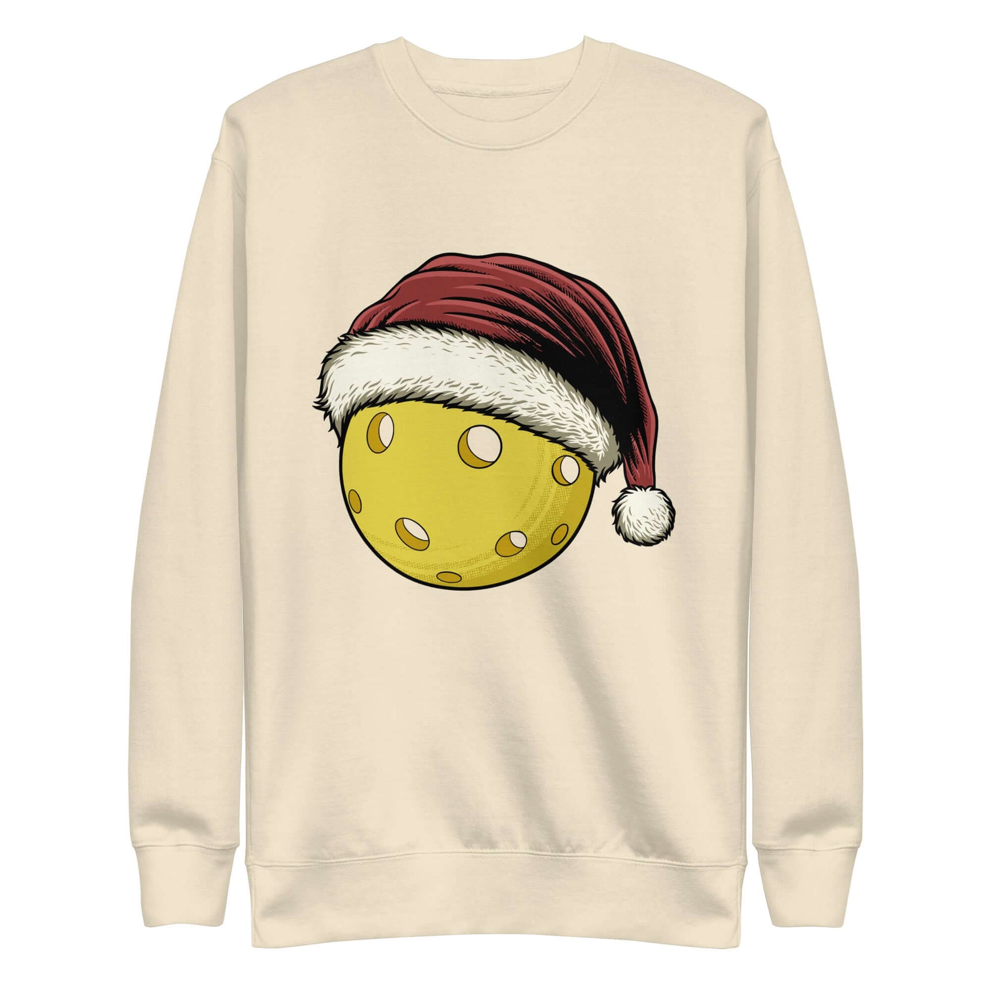 Jolly Pickleball Santa Sweatshirt featuring a yellow pickleball with a red Santa hat, perfect for festive fun and cozy holiday comfort.