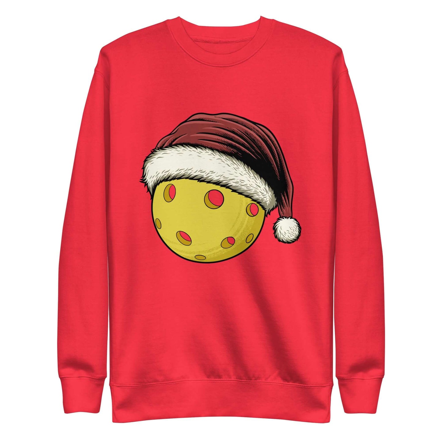 Red sweatshirt with a festive pickleball wearing a Santa hat, perfect for holiday cheer and cozy comfort.