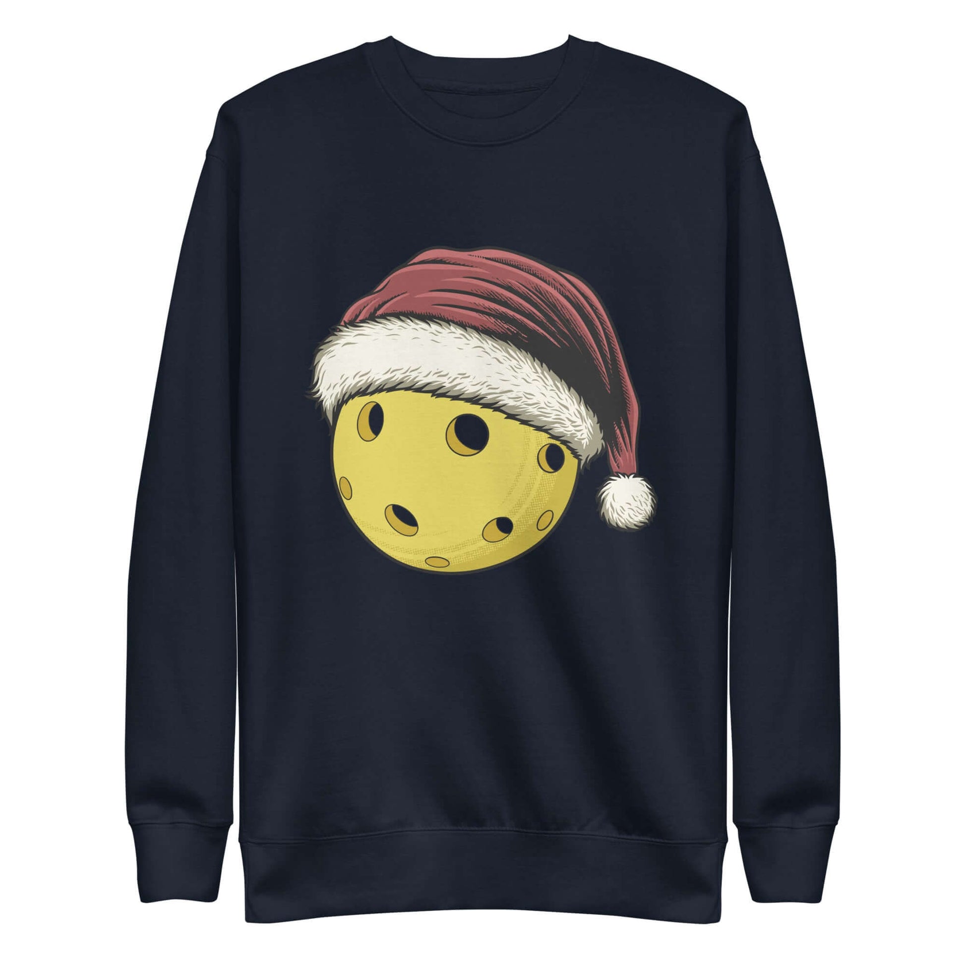 Jolly Pickleball Santa Sweatshirt with playful pickleball design wearing Santa hat, perfect for holiday fun and cozy comfort.