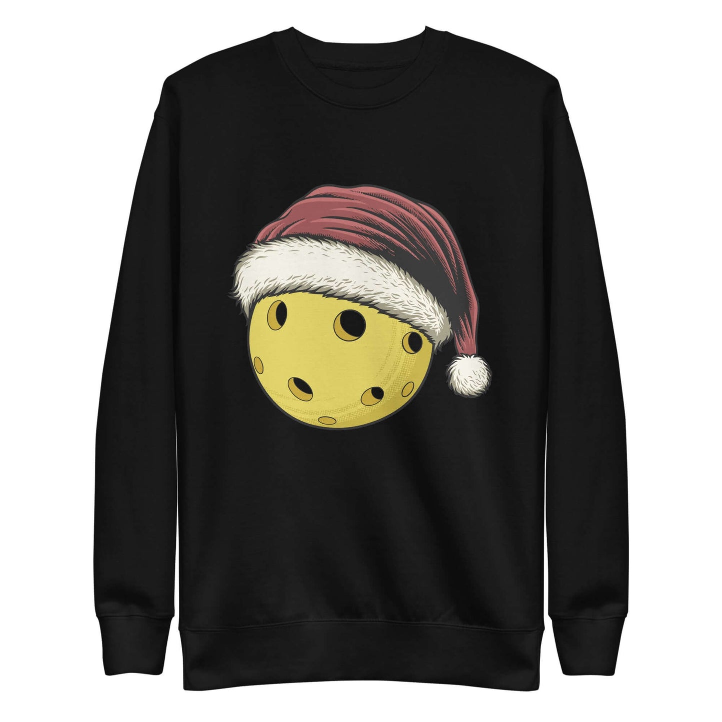 Cozy black sweatshirt featuring a festive pickleball with Santa hat, perfect for holiday pickleball enthusiasts.