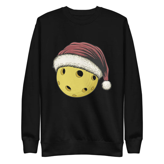 Cozy black sweatshirt featuring a festive pickleball with Santa hat, perfect for holiday pickleball enthusiasts.