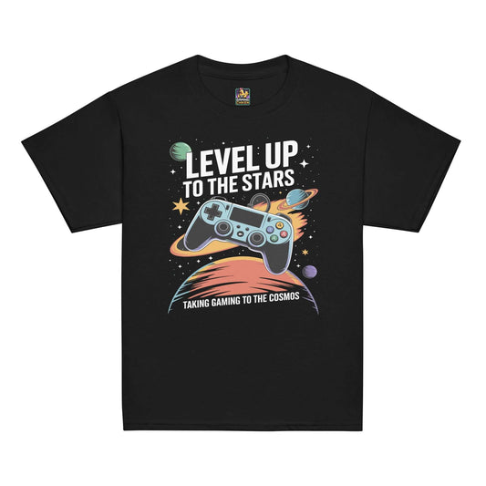 Black youth t-shirt featuring cosmic gaming design with controller and 'Level Up to the Stars' text.