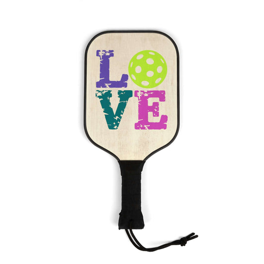 LOVE Pickleball Paddle featuring colorful text and a green ball, perfect for stylish gameplay.