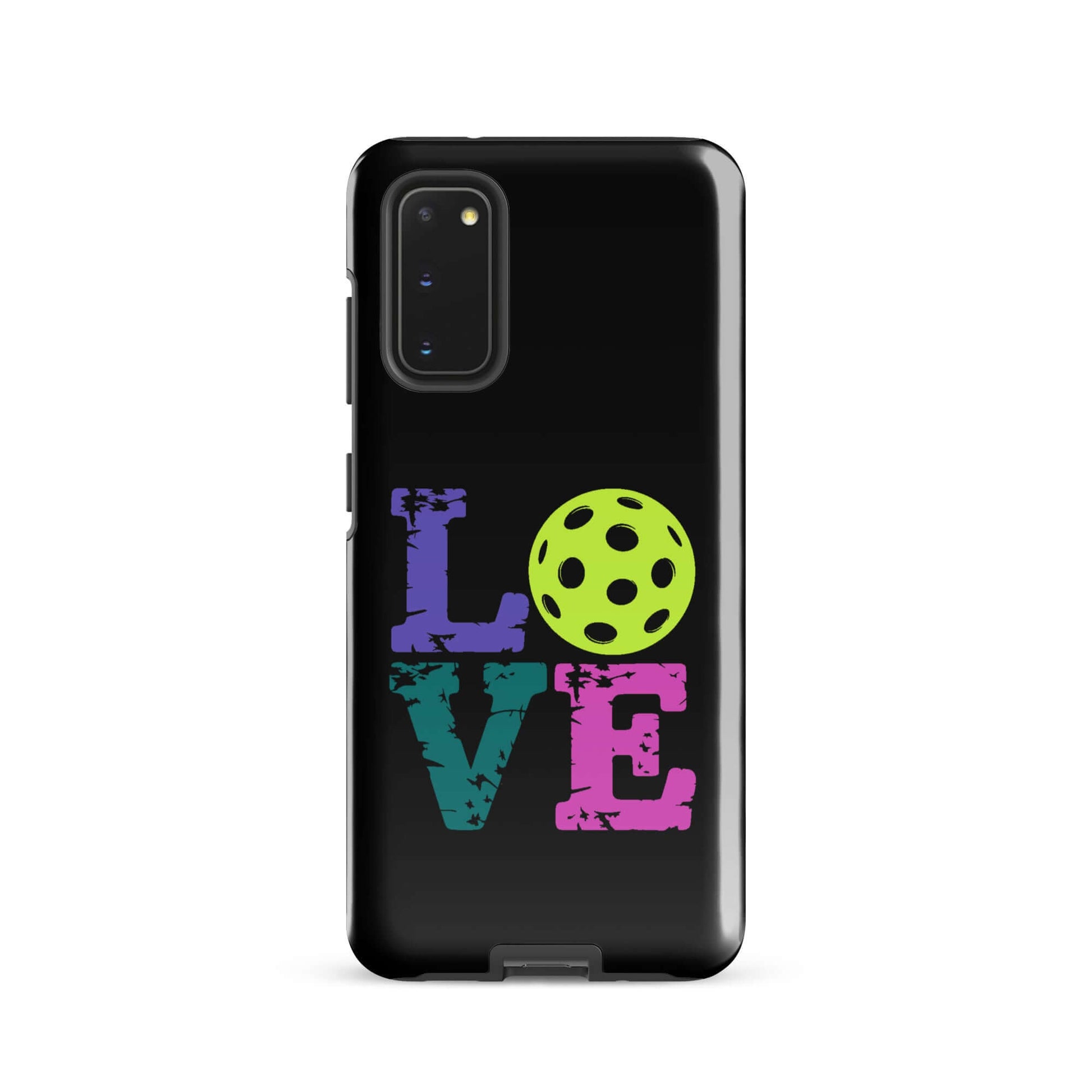 LOVE Pickleball Tough Case for Samsung featuring vibrant letters and pickleball graphic on a black background.