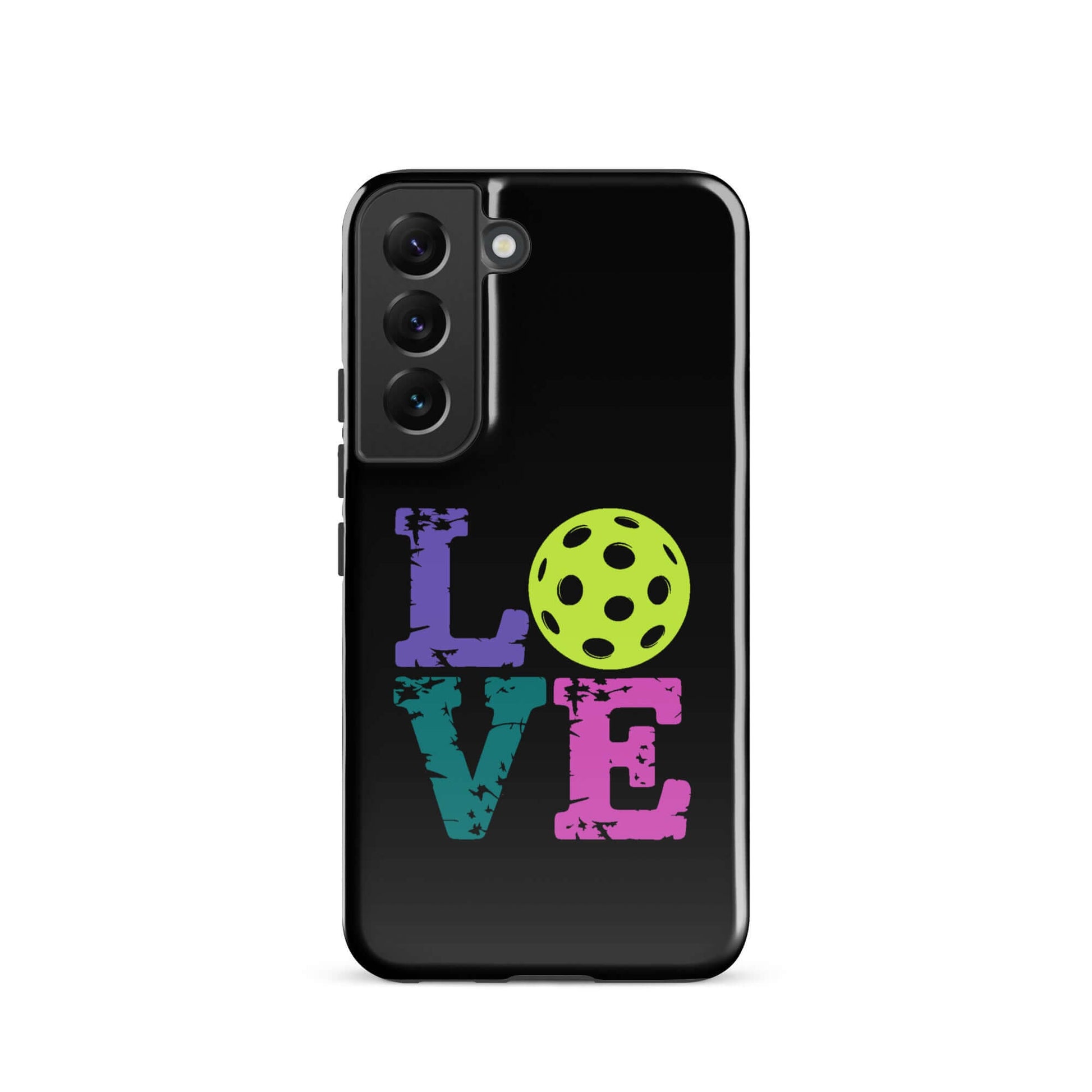 LOVE Pickleball Tough Case for Samsung® featuring colorful letters and a pickleball graphic.