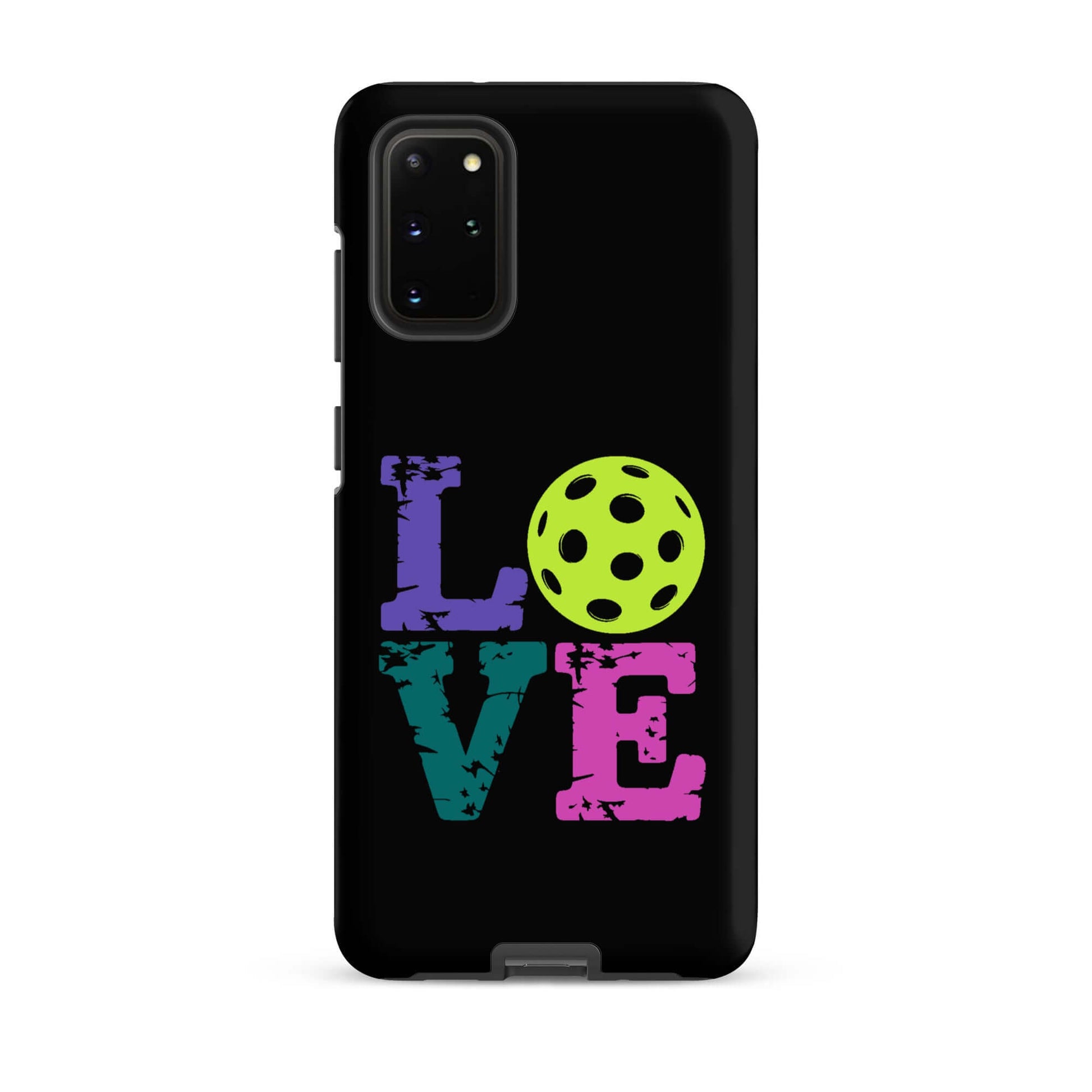 LOVE Pickleball Tough Case for Samsung with colorful letters and a pickleball design on a black background.