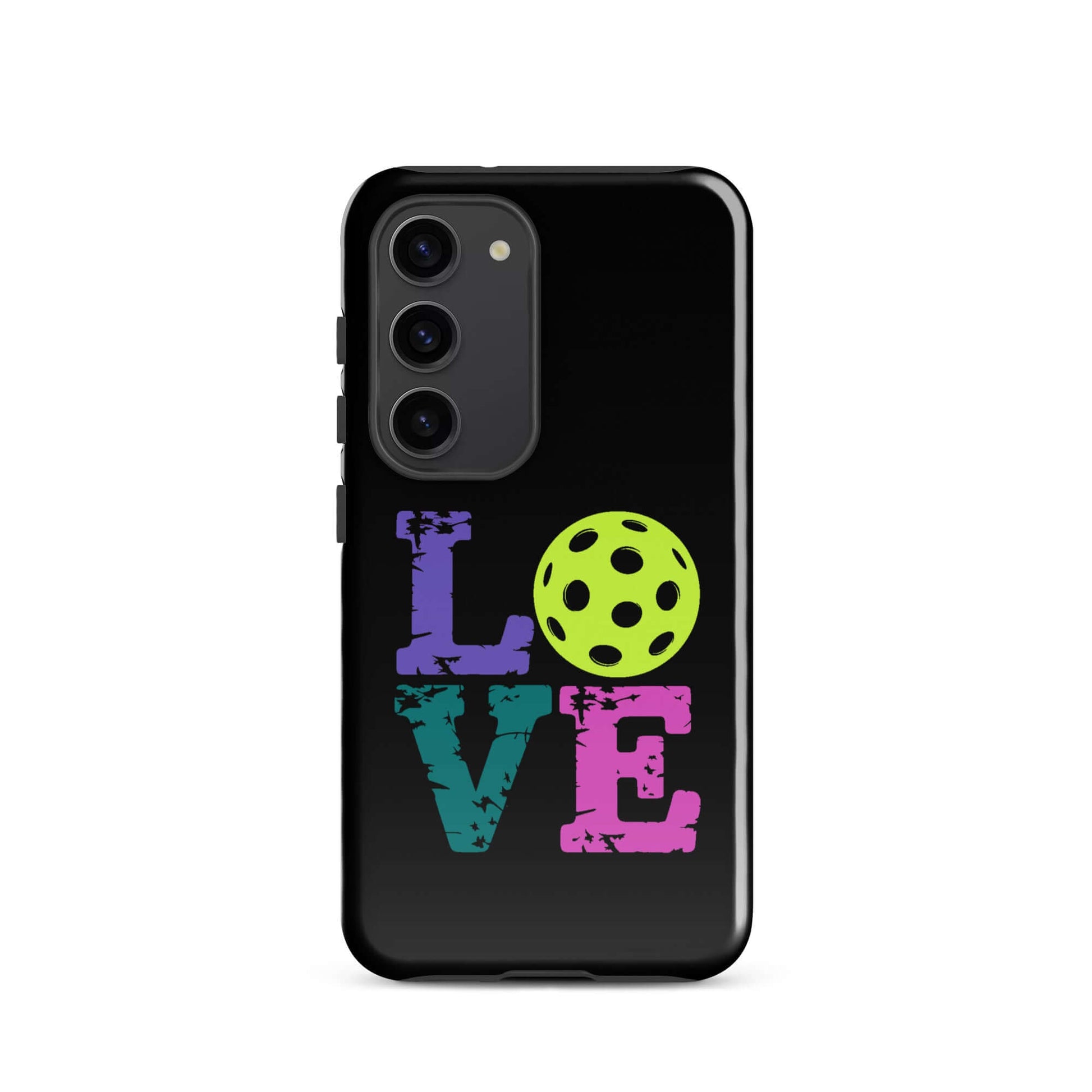 LOVE Pickleball Tough Case for Samsung, featuring vibrant colors and pickleball graphic design.