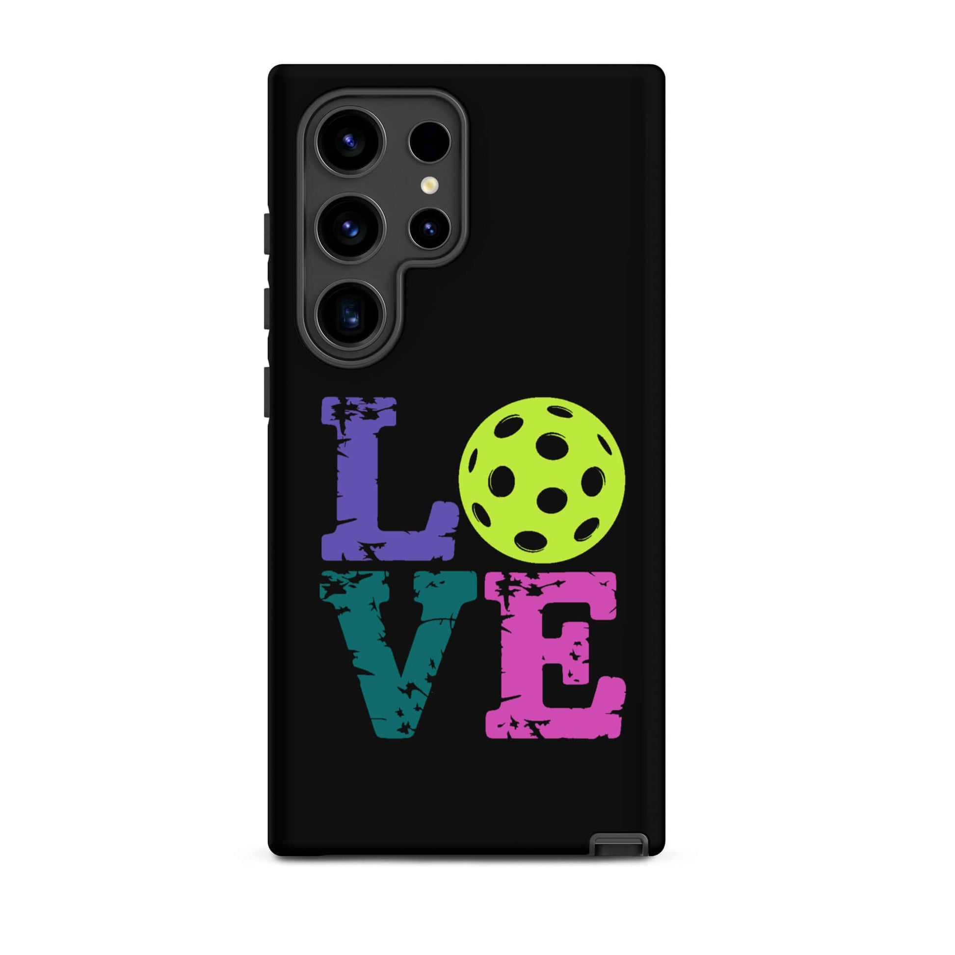 LOVE Pickleball Tough Case for Samsung® featuring vibrant colors and a pickleball graphic, perfect for enthusiasts.