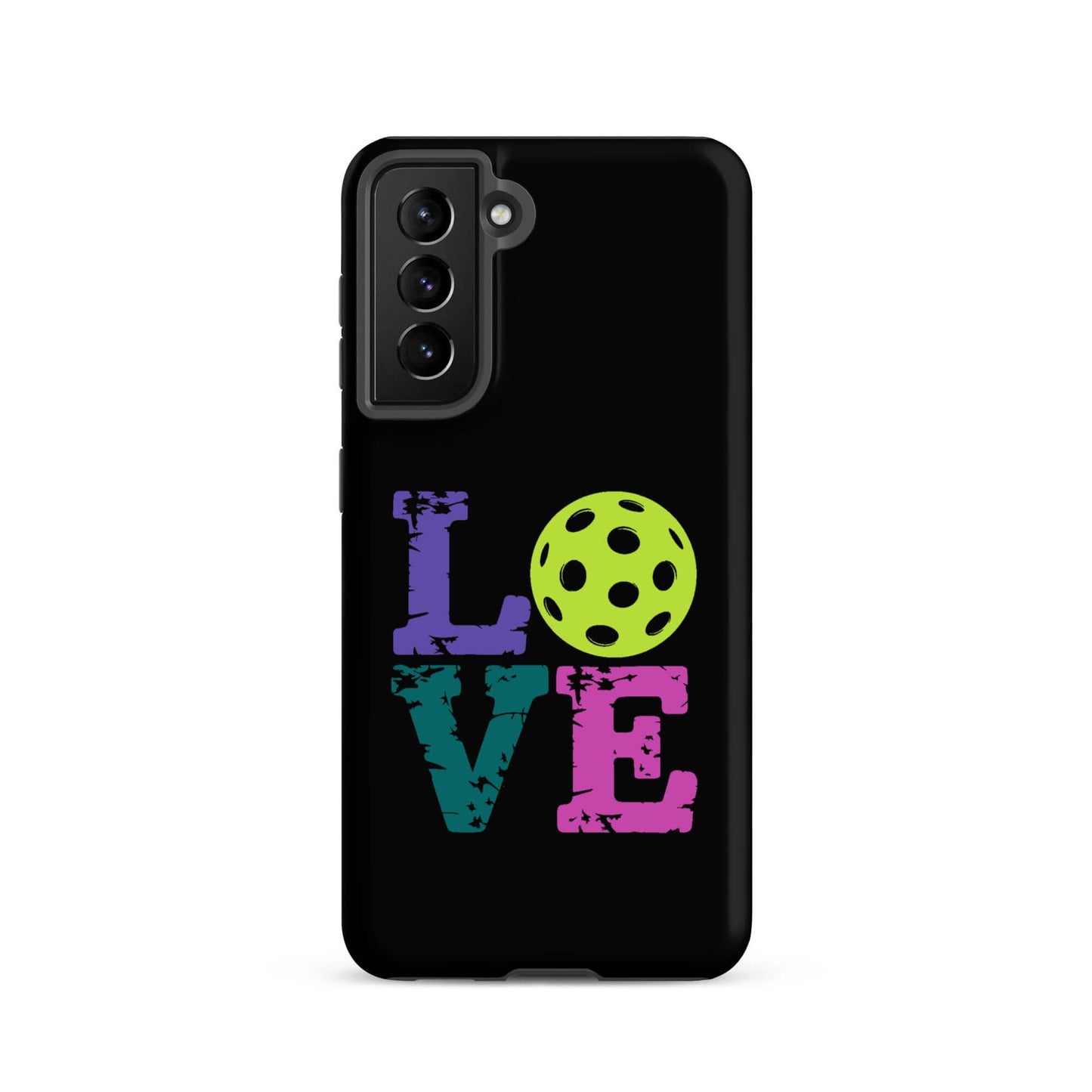 LOVE Pickleball Tough Case for Samsung® featuring colorful letters and a pickleball graphic on a black background.