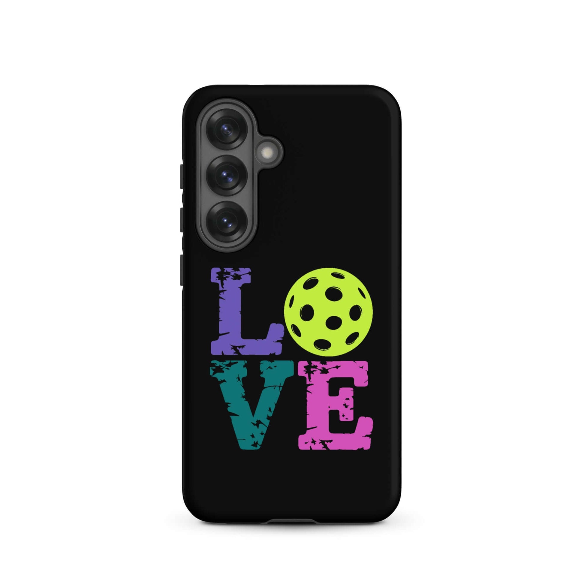 LOVE Pickleball Tough Case for Samsung with colorful design and ball graphic on a sleek black background.