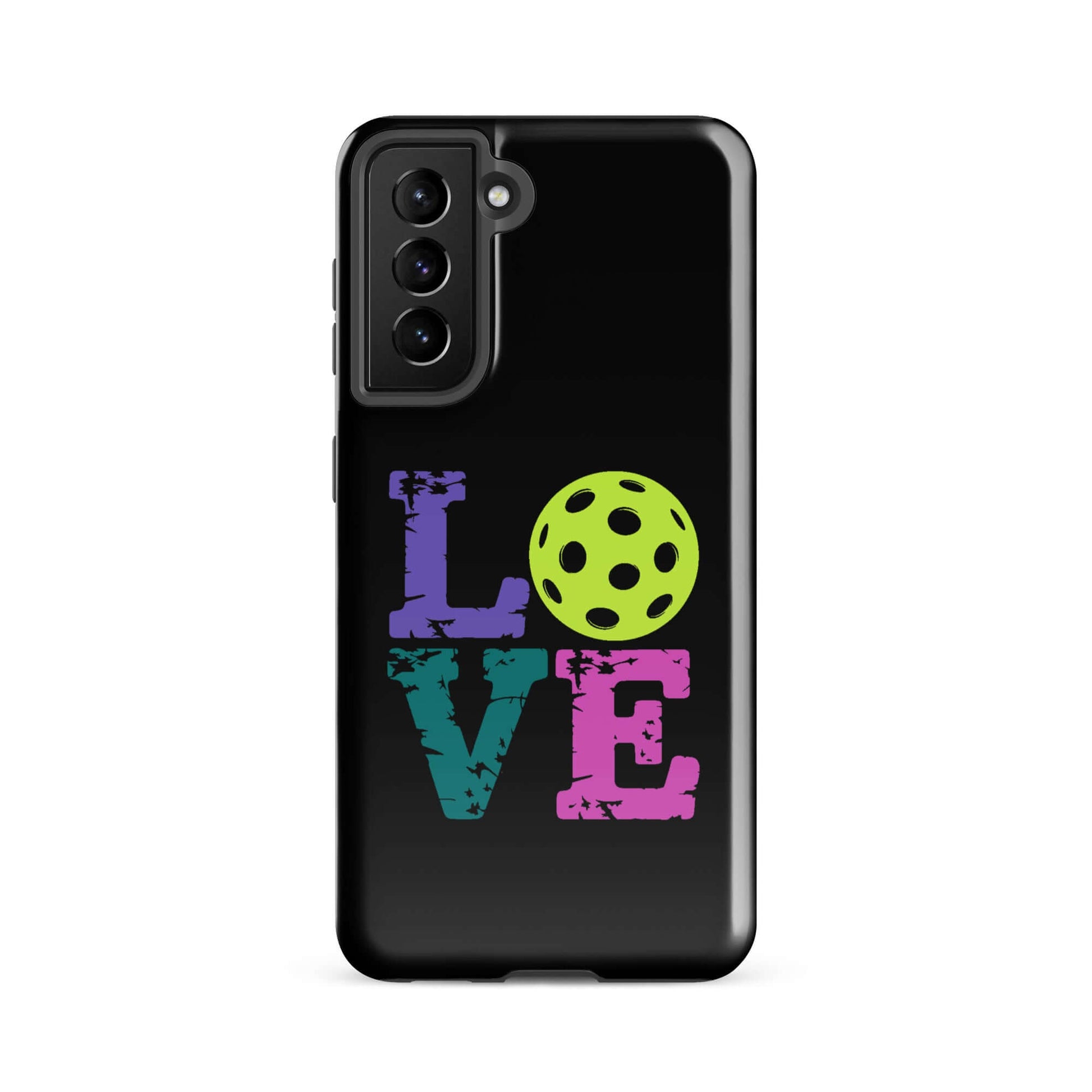 LOVE Pickleball Tough Case for Samsung with colorful text and pickleball graphic on a black background.