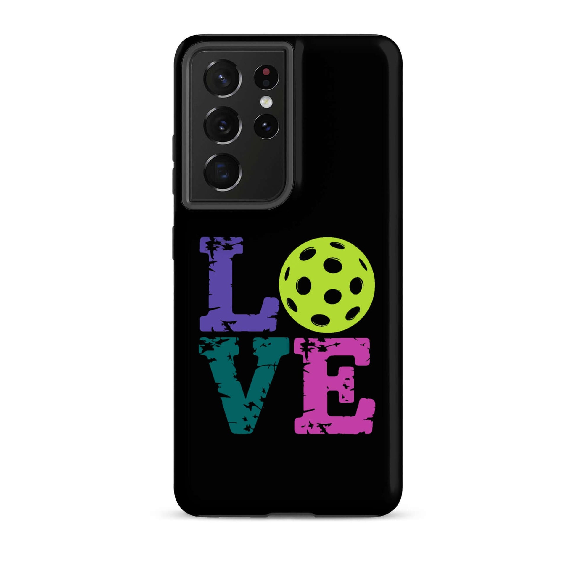 LOVE Pickleball Tough Case for Samsung® featuring vibrant colors and pickleball graphic on a sleek black background.