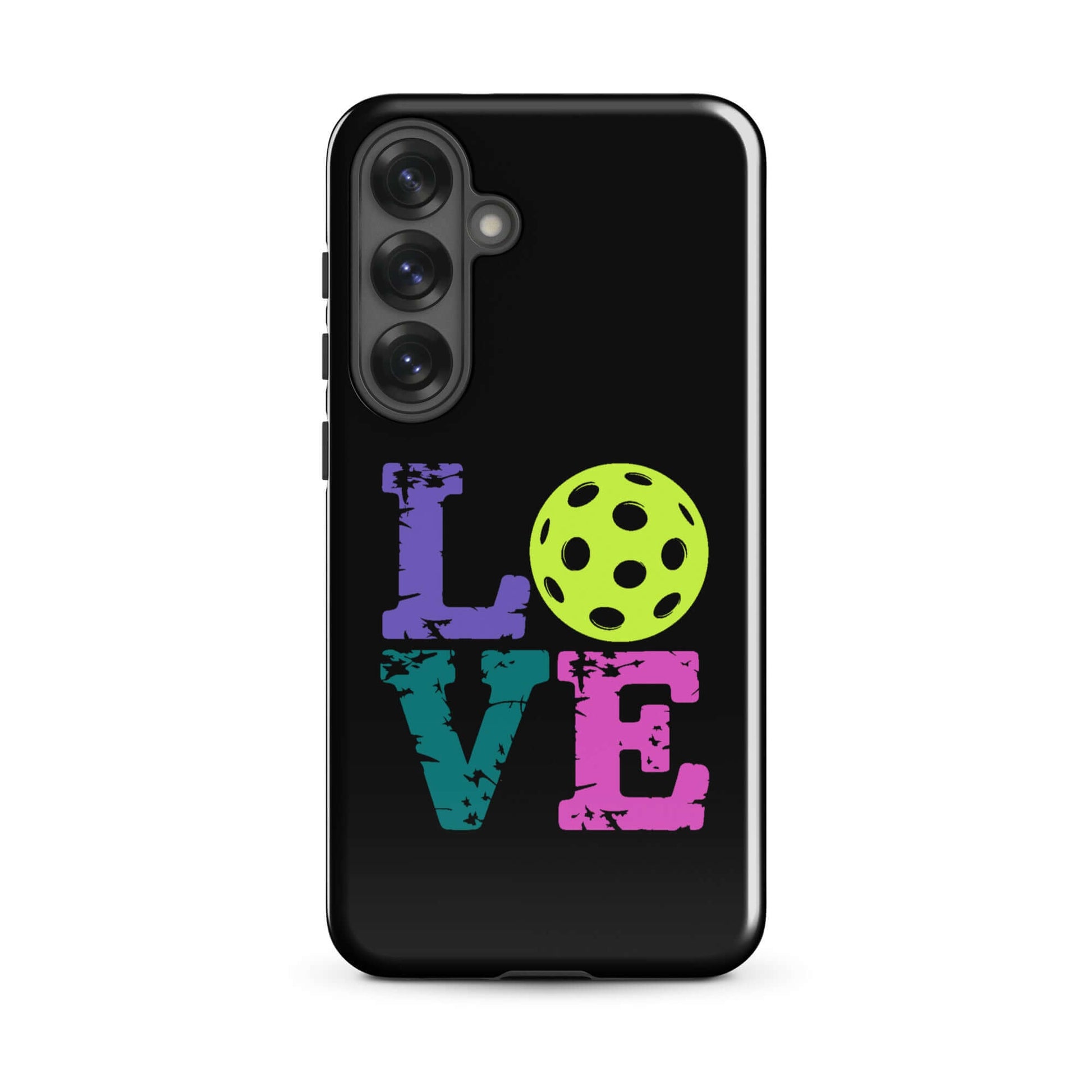 LOVE Pickleball Tough Case for Samsung® with colorful lettering and pickleball graphic, designed for sports enthusiasts.