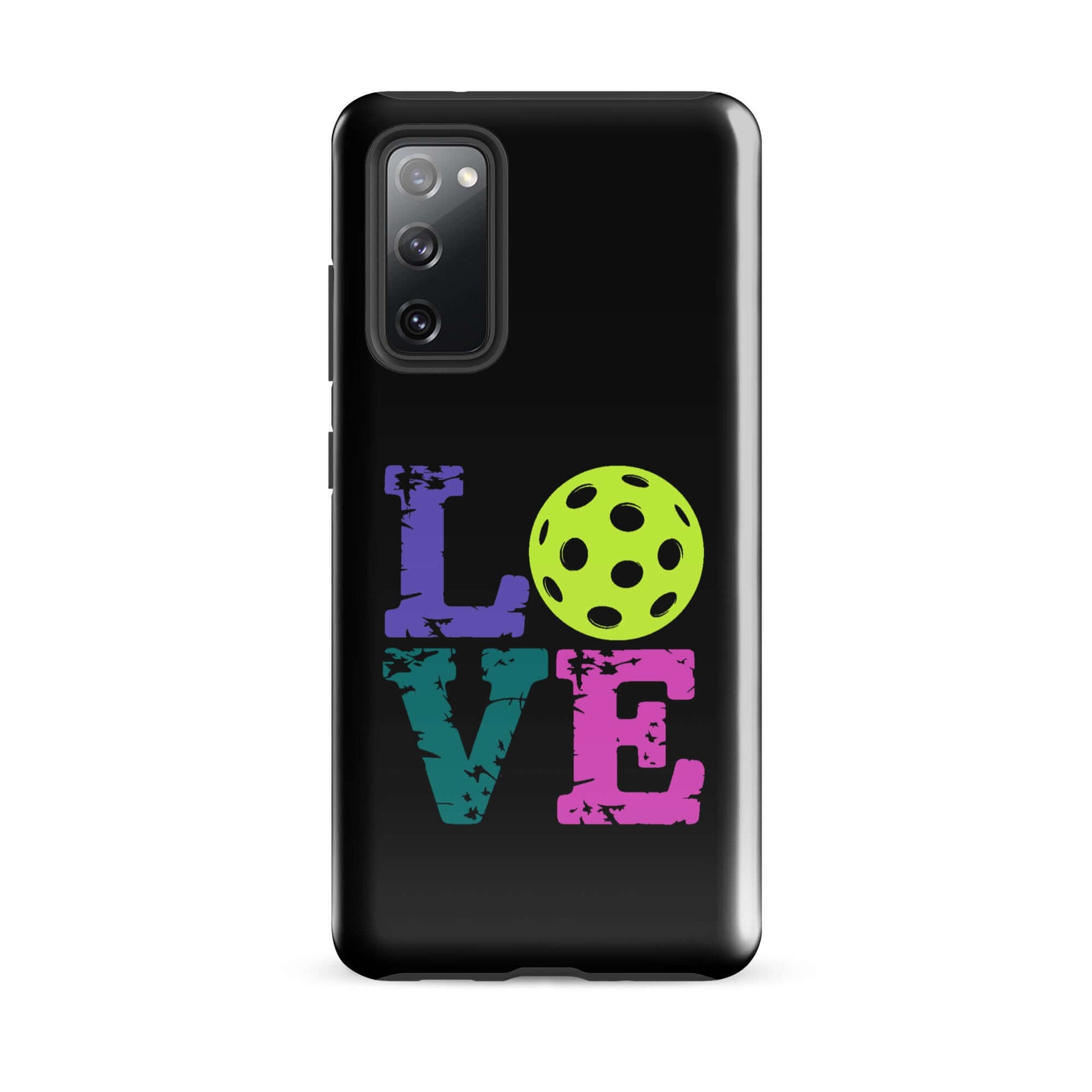 LOVE Pickleball Tough Case for Samsung® featuring colorful letters and a pickleball graphic.