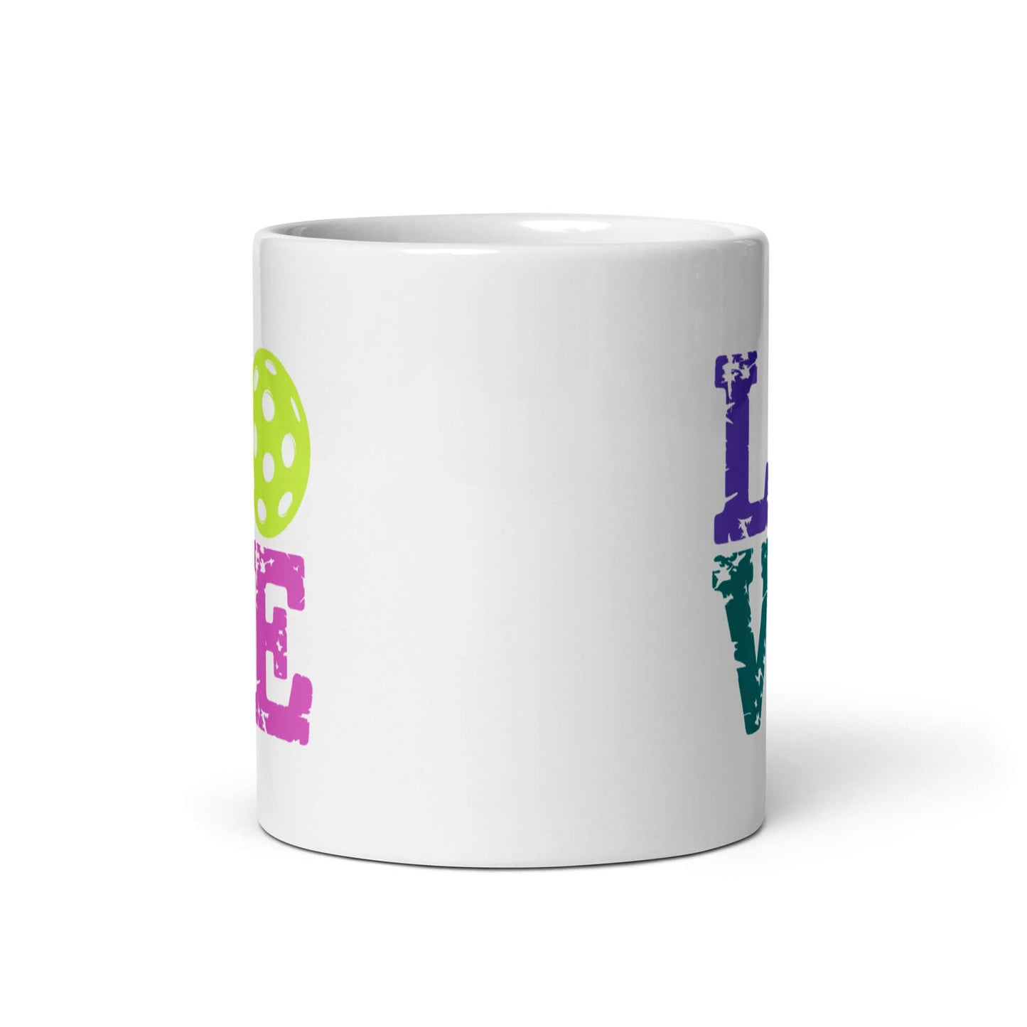 LOVE Pickleball White Glossy Mug featuring colorful text and pickleball graphic, perfect for enthusiasts.
