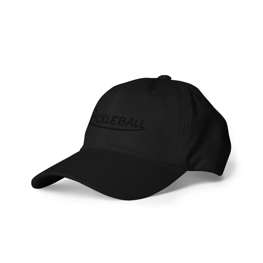 Black embroidered adjustable pickleball hat with low profile design and curved visor.