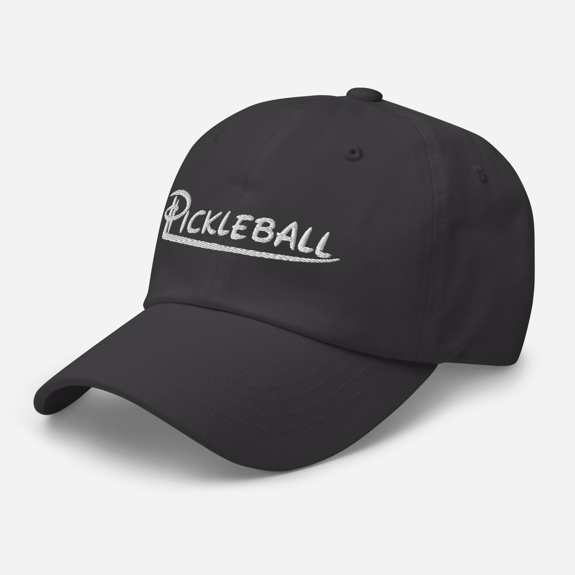 Black low profile pickleball hat with embroidered logo and adjustable strap.