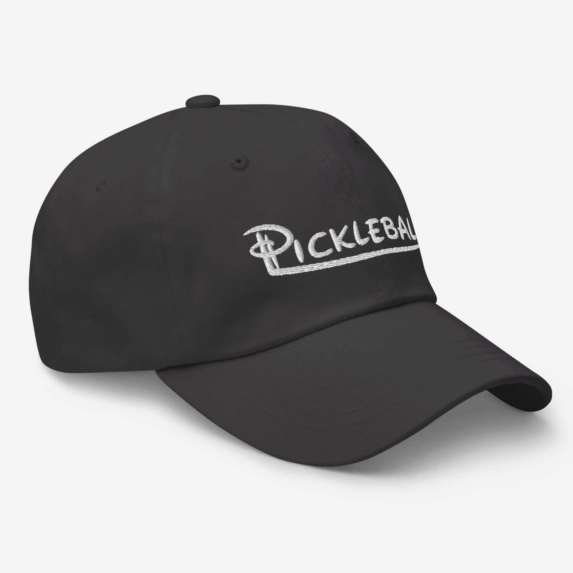 Low profile pickleball hat with adjustable strap and embroidered design on black fabric.