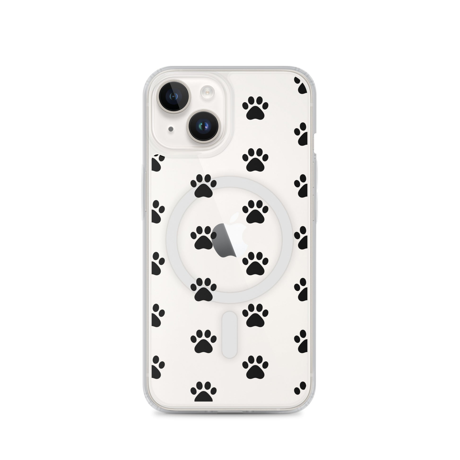 Magnetic Phone Case for iPhone with a playful paw print pattern on a clear background.