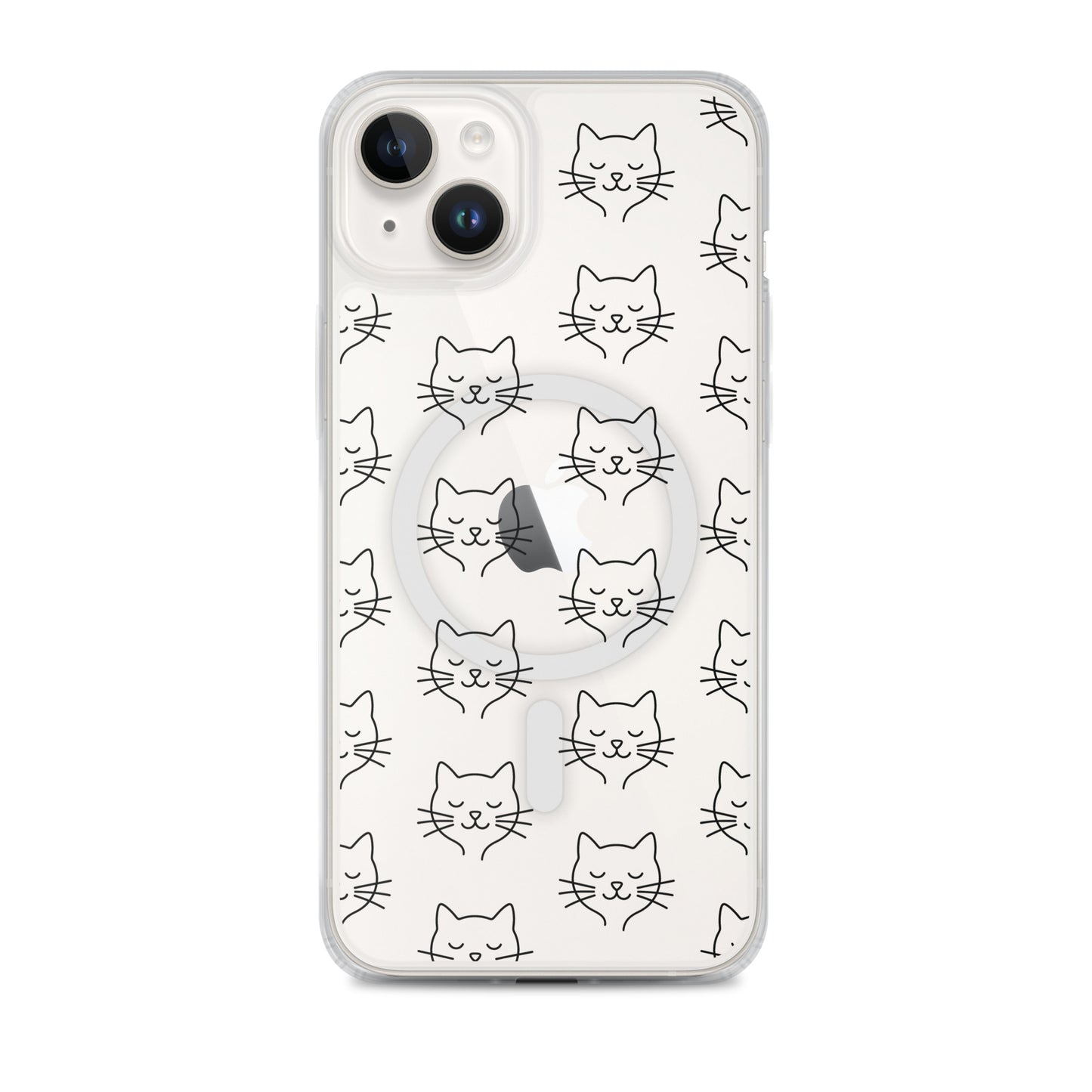 Magnetic Phone Case featuring a cute cat face pattern on a clear design, perfect for cat lovers and iPhone users.