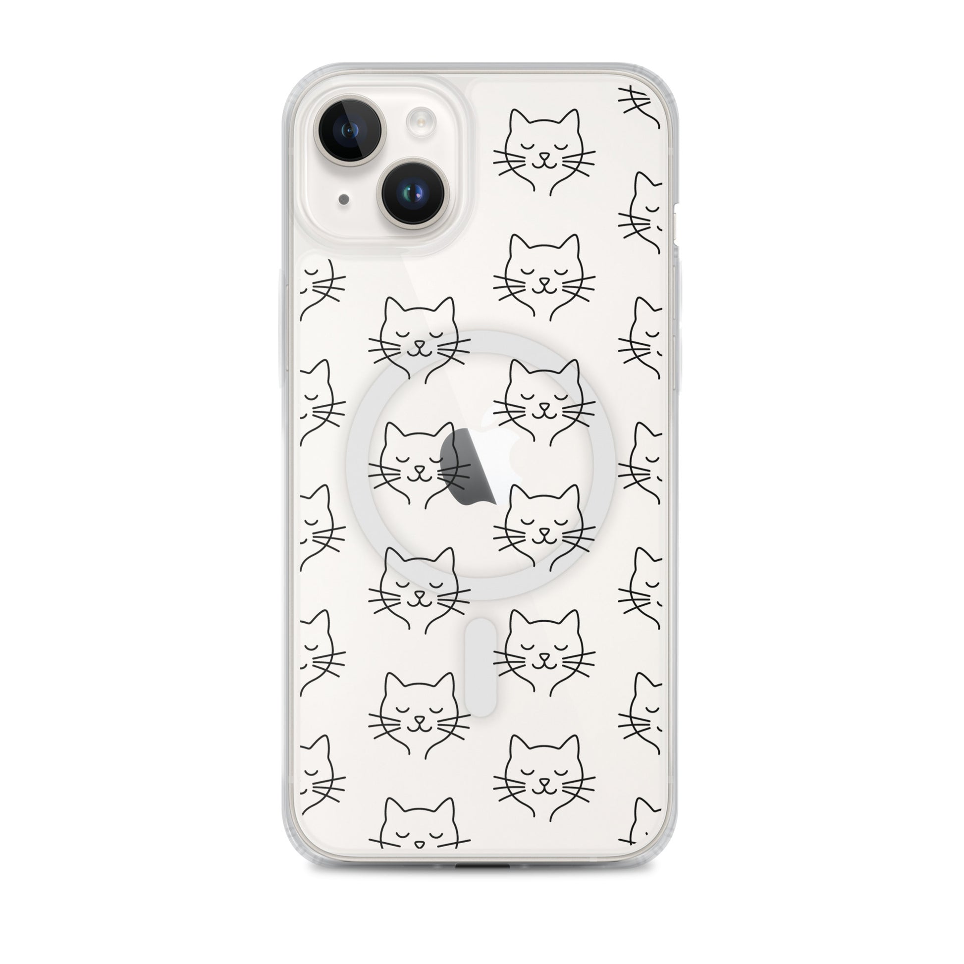 Magnetic Phone Case featuring a cute cat face pattern on a clear design, perfect for cat lovers and iPhone users.