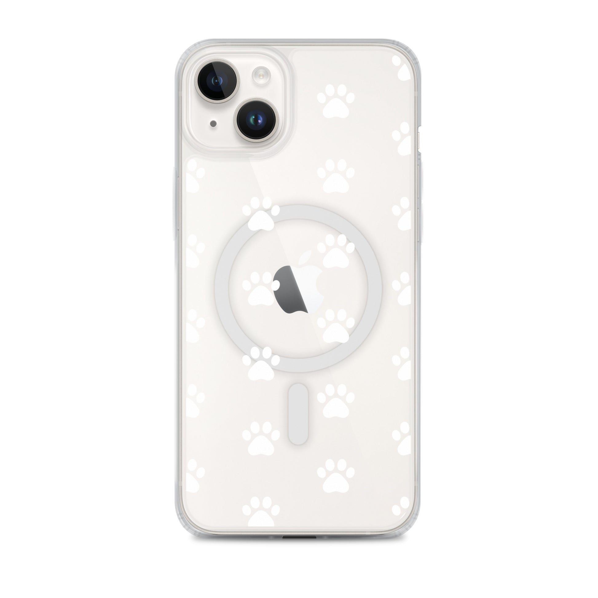 Magnetic Phone Case for iPhone featuring a playful paw print pattern on a transparent finish.
