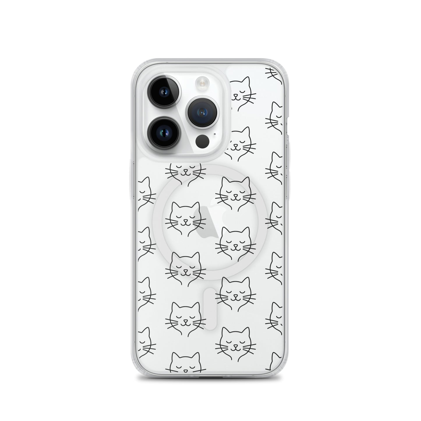 Magnetic Phone Case featuring cute cat face pattern in a clear design, perfect for cat lovers.
