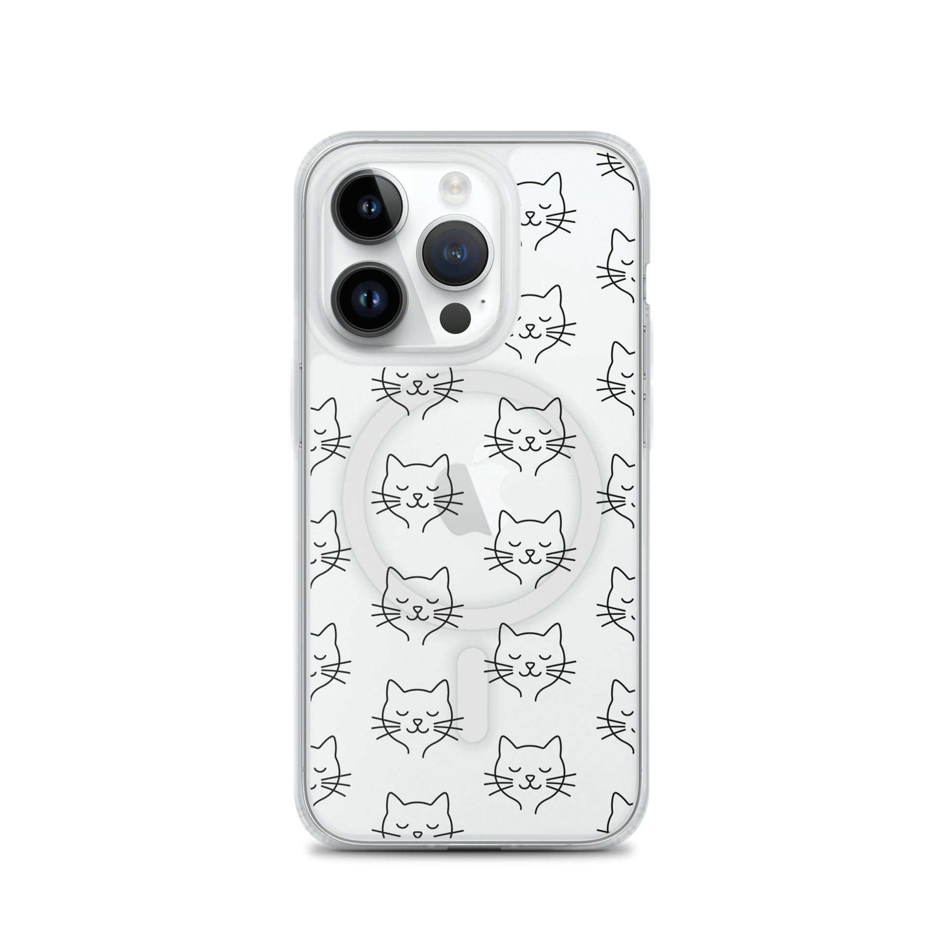 Magnetic Phone Case featuring cute cat face pattern in a clear design, perfect for cat lovers.