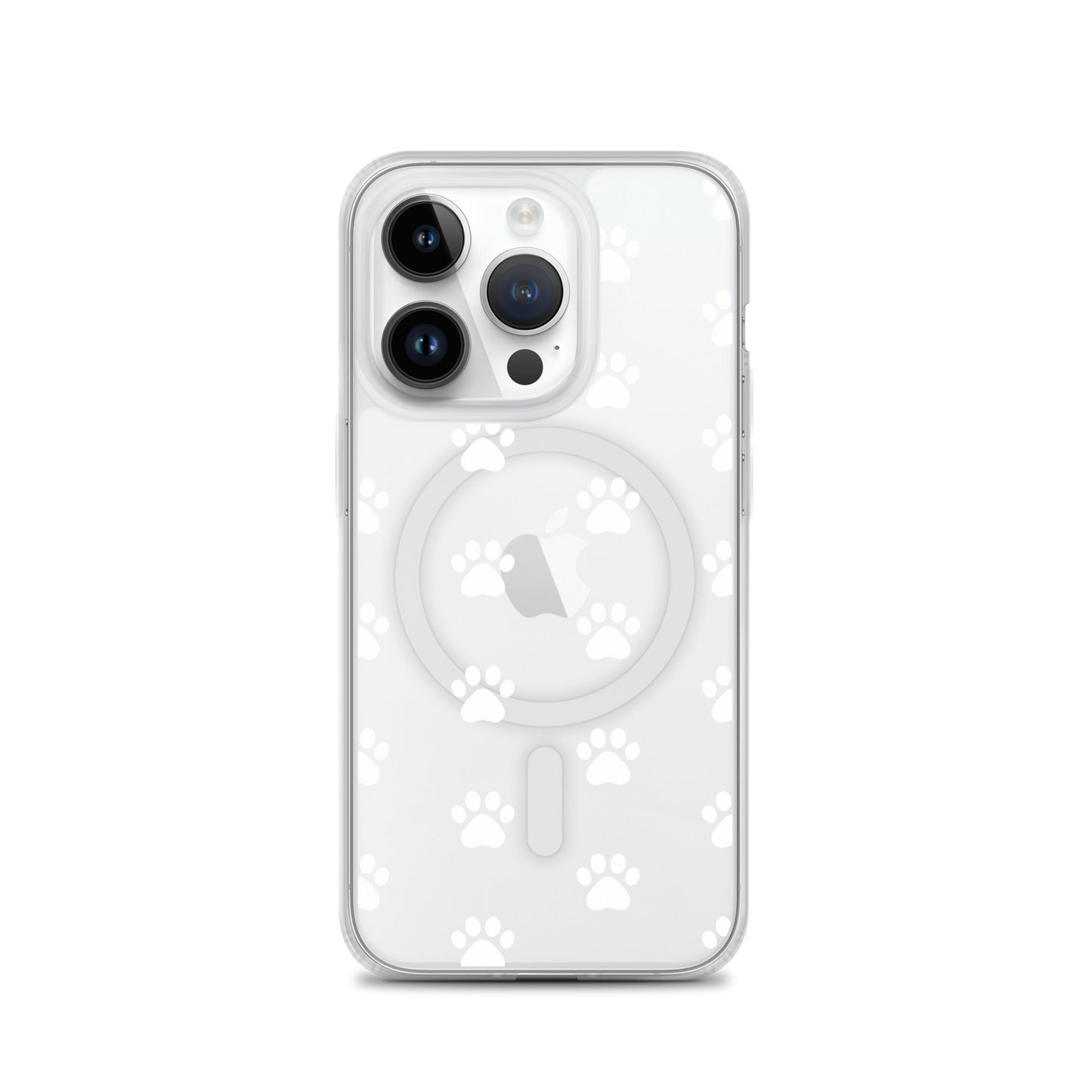 Magnetic Phone Case for iPhone with playful paw print pattern, showcasing minimalist style and transparency.