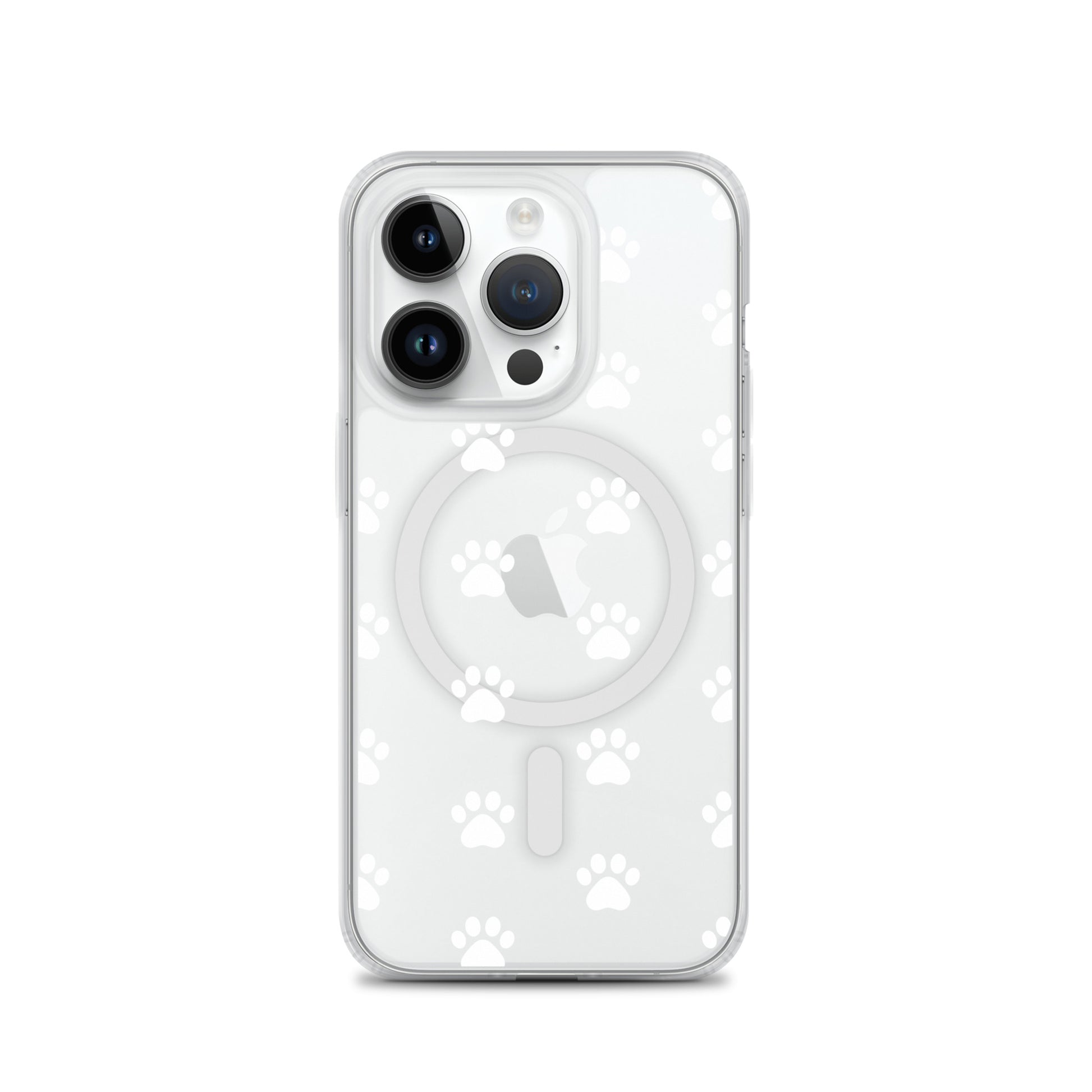 Magnetic Phone Case for iPhone with playful paw print pattern, showcasing minimalist style and transparency.