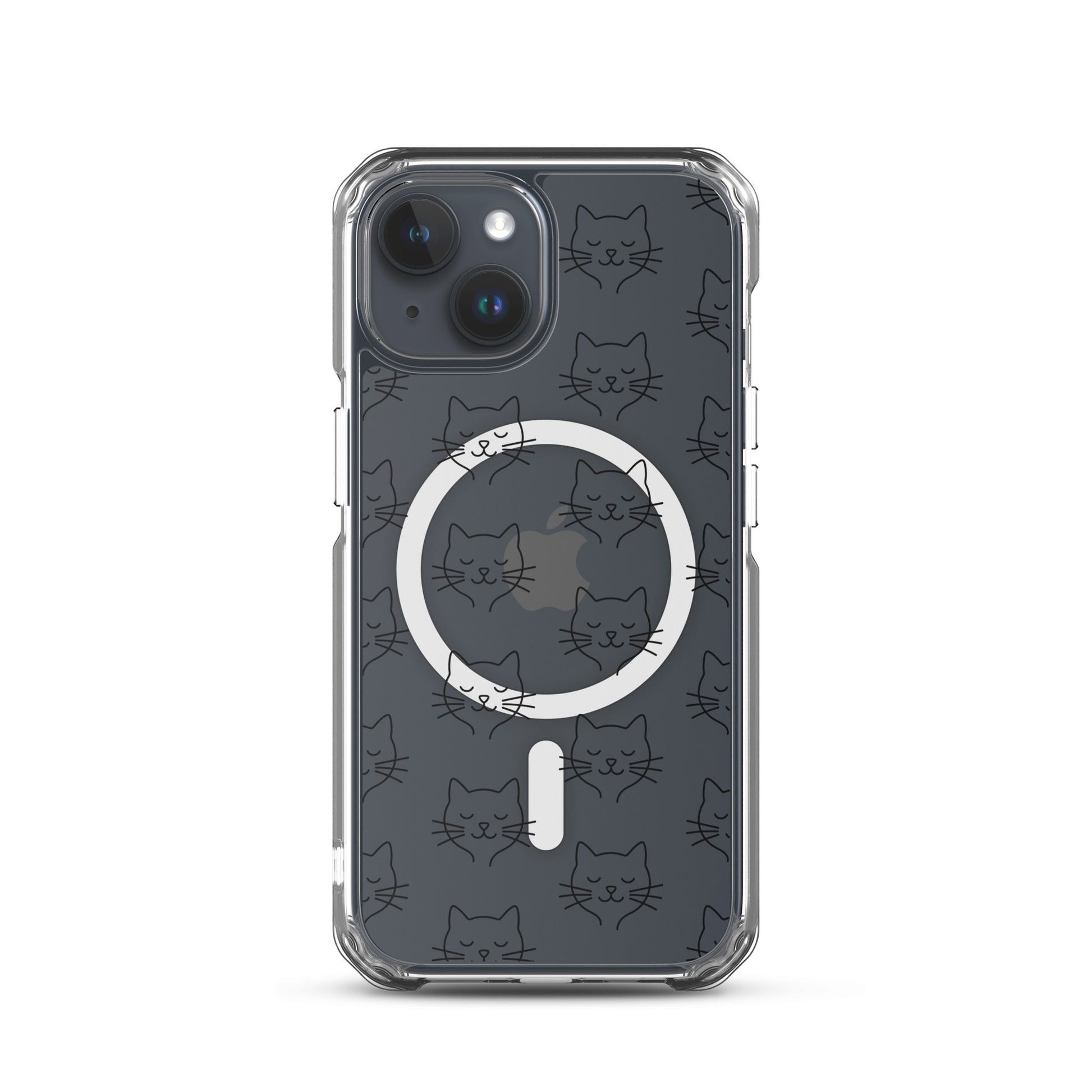 Magnetic Phone Case featuring a cute cat face pattern on a transparent design for iPhone protection.